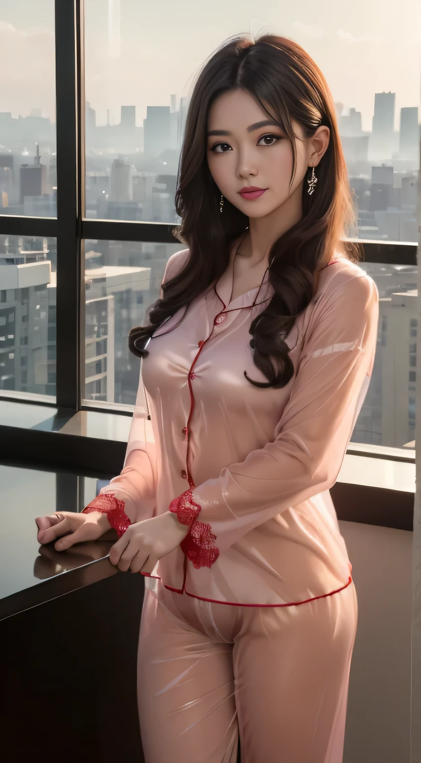 8K, tmasterpiece, RAW photogr, Best quality at best, realistically, extremely detaild的 CG unified 8k wallpapers, depth of fields, 电影灯光, lens flare glow, Ray traching, (Extremely beautiful face, beautifullips, pretty eyes), Complex and detailed face, ((Ultra-delicate skin)) 1 girl, In the darkness of the night, Depth shadows, Beautiful Asian Girls, idoly,(非常Slim、Slim、heavy muscular figure:1.3), ((looking at viewert)),(Hefty Smile:1.3), (looking over city, vague background), (dim murky lights, the roof, Terrazzo), beuaty girl, ear nipple ring, bangle, choker necklace, Clear eyes, foot on foot , Front Shooting, (pale-skinned), Face forward, (Full body photo with big eyes)), ((黑色丝绸Lace)), ((Transparent red pajamas:1.3)), (Brown hair) (looking at viewert:1.3), (Lace), awas, medium, Shiny , (see through, Pink pajamas :1.3), Terrazzo