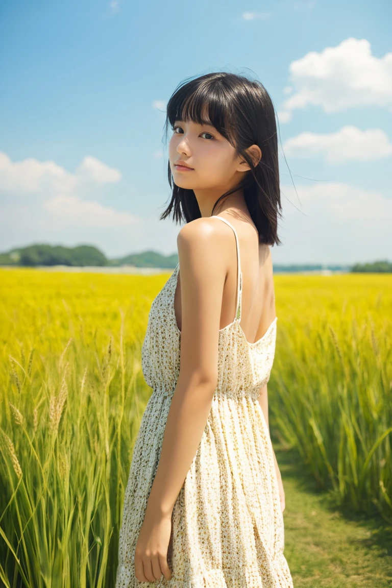 Beautiful girl wearing a collarless summer dress、、japanes、Wheat-toned skin、heavy wind、Black hair allback、slightly tanned skin、Black、