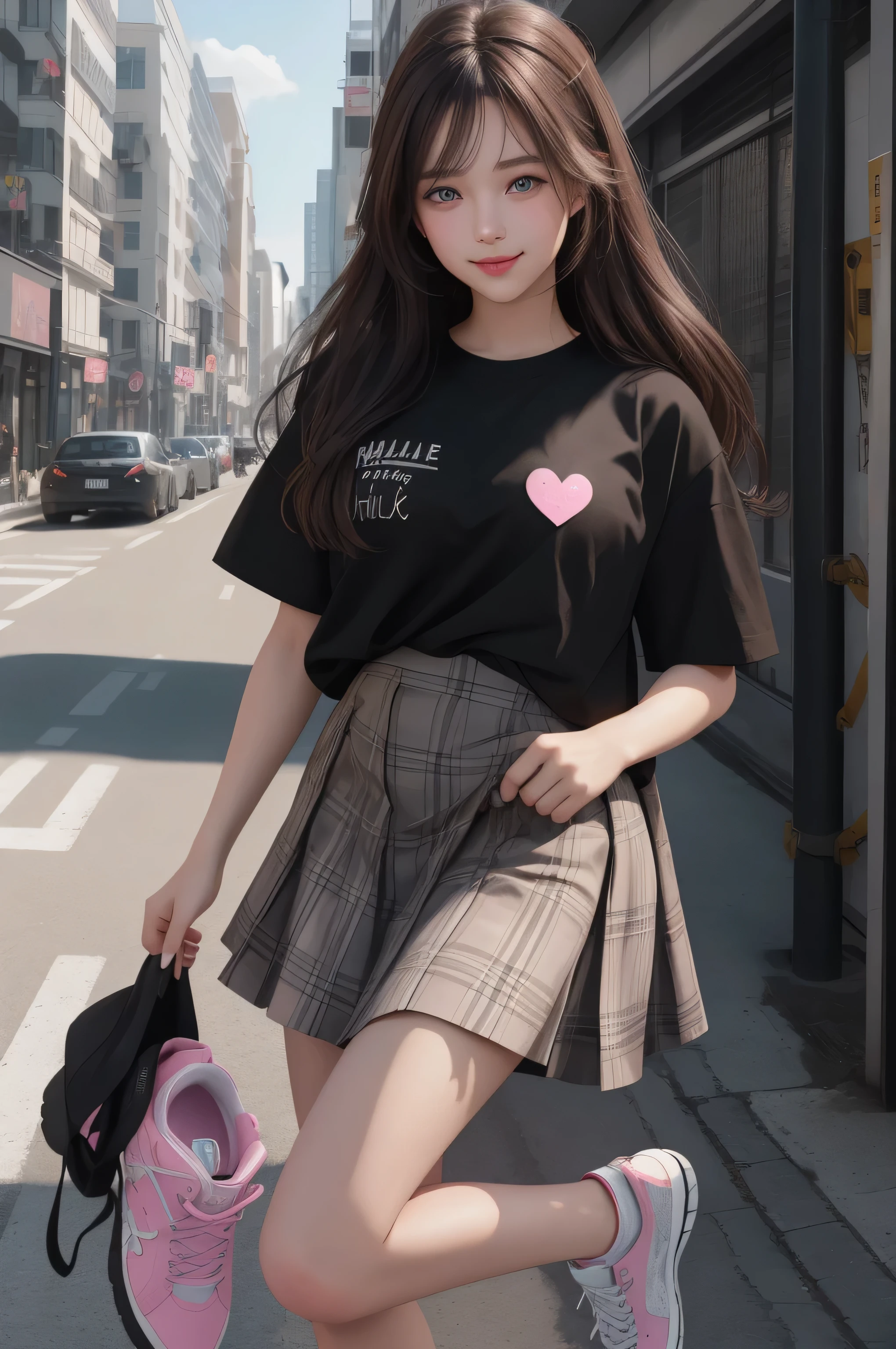 {there is a young girl walking down a street in a city. she is beautiful, and attractive. she is wearing a black t-shirt, and grey checkered skirt. her shirt is untucked, and has an image of a pink heart at the front. she is also wearing black sneakers with white stiching, and darked socks that reaches to her knee caps. she has beautiful long brown hair, and beautiful hazel eyes. and she has a beautiful smile on her face, but her mouth is closed.}, {best quality}, {{masterpiece}}, {highres}, extremely detailed girl, {{{pale skin}}}, {{{detailed face}}}, {photo-realism}, {{perfect anatomy}}, sharp focus, {{{character{1 girl}}}}, solo, {{{{{sharp focus}}}}}, {{{detailed cloth texture}}}, {{{detailed skin texture}}}, {{{smooth lighting}}},