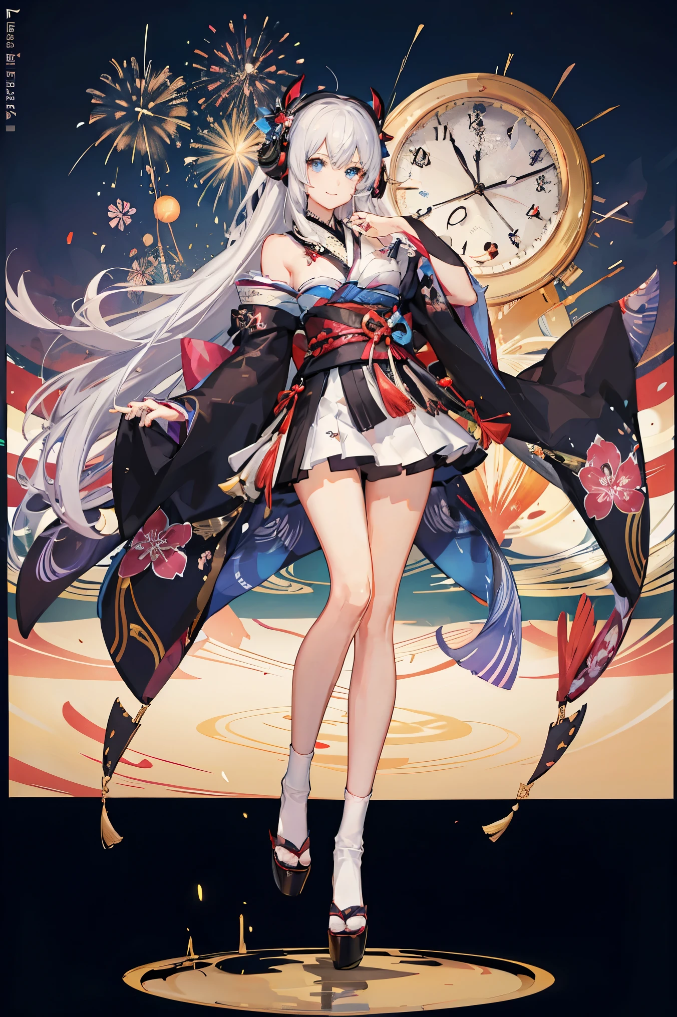 "anime girl, 1 person, silver white hair mixed with black, blue eyes, wearing headphones, women's kimono, same kimono, big breasts, holding cotton candy, long socks, standing cross-legged, shy smile, festival, New Year's Eve fireworks, watch fireworks, solo(full HD Image 4K+)"