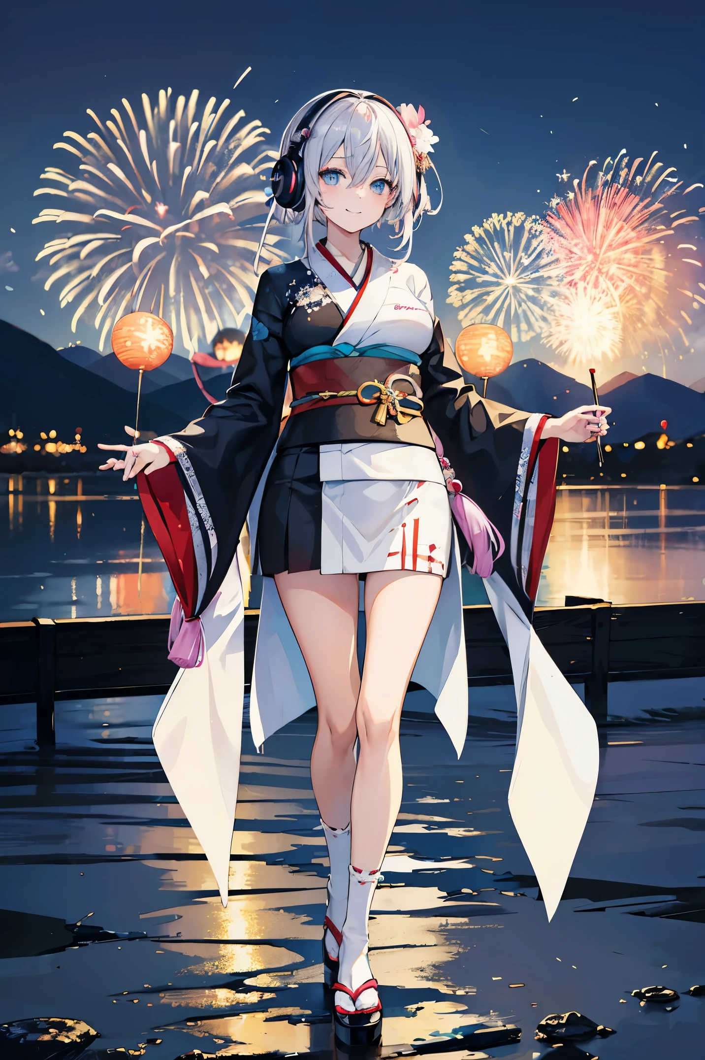 "anime girl, 1 person, silver white hair mixed with black, blue eyes, wearing headphones, wearing kimono, women's kimono, kimono uniform, detailed designed outfit, big breasts, holding cotton candy, long socks, standing cross-legged, smiling shyly, looking from many directions, night, festival, New Year's Eve fireworks, watching fireworks, solo(full HD Image 4K+)"