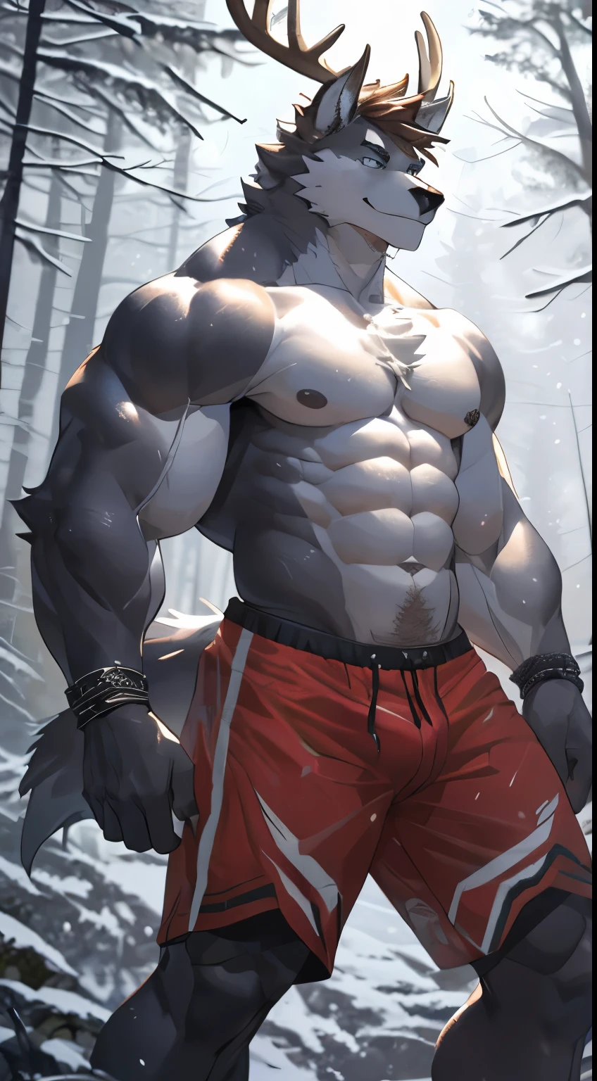 Masterpiece, Solo, Furry Wolf, Perfect Eyes, Short Hair, Medium Muscular Body, , Cool Pose, Handsome, shirtless, Good Looking, Fierce, ((best quality)), ((masterpiece)), (detailed), perfect face, Male,male body,muscle,muscular,shirtless ,top less,8k,add_detail,best quality,sharp focus,masterpiecedetail eyes,extreme detail,super detail,vibrant colors,cinematic,high quality,4k,white skin,hand some ,fit,abs,six pack,Big muscle, pose,HD nipples, beautiful eyes,short hair,perfect body,strong body ,strong arm ,strong body,strong legs,strong chest,awesome pose ,cute guy,v shape,perfect body,close up body,sexy face,sexy pose,strong legs ,sexy view, showing muscles ,cute guy,male character ,big body muscle,smile, stag furry,Brown hair,in the forest,green forest,clear sky,snowing,big antler,anthro stag,good looking, masterpiece, bara, Short Hair Hair, The body has moderate musculine., , Cool pose, handsome, Shirtless, Good looking, severe, ((bestquality)), ((masterpiece)), (detailded), perfect face, Masculine,BodyMasculine,musculine,muscular,Shirtless ,little top,10,add_detaild,bestquality,crisp focus,masterpiecedetaild eyes