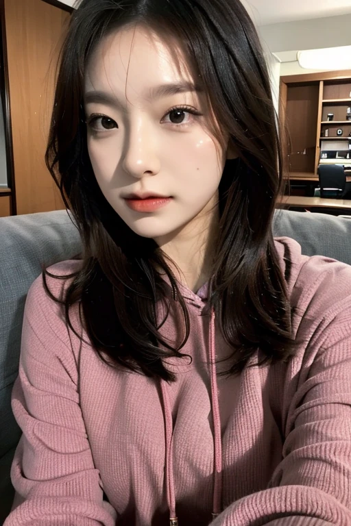 Uji Film XT3, 8K,close up photograph, tmasterpiece, Best quality at best, (((1 girl))), Alone,actual, ((looking at viewert)), Photo-realistic txt extremely detailed faces), looking at viewert, ((ultra - detailed的眼睛和瞳孔)), ultra - detailed,sad expressions, ((Lying on the sofa in the villa)), hoody, longer sleeves,