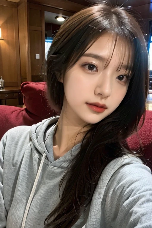 Uji Film XT3, 8K,close up photograph, tmasterpiece, Best quality at best, (((1 girl))), Alone,actual, ((looking at viewert)), Photo-realistic txt extremely detailed faces), looking at viewert, ((ultra - detailed的眼睛和瞳孔)), ultra - detailed,sad expressions, ((Lying on the sofa in the villa)), hoody, longer sleeves,