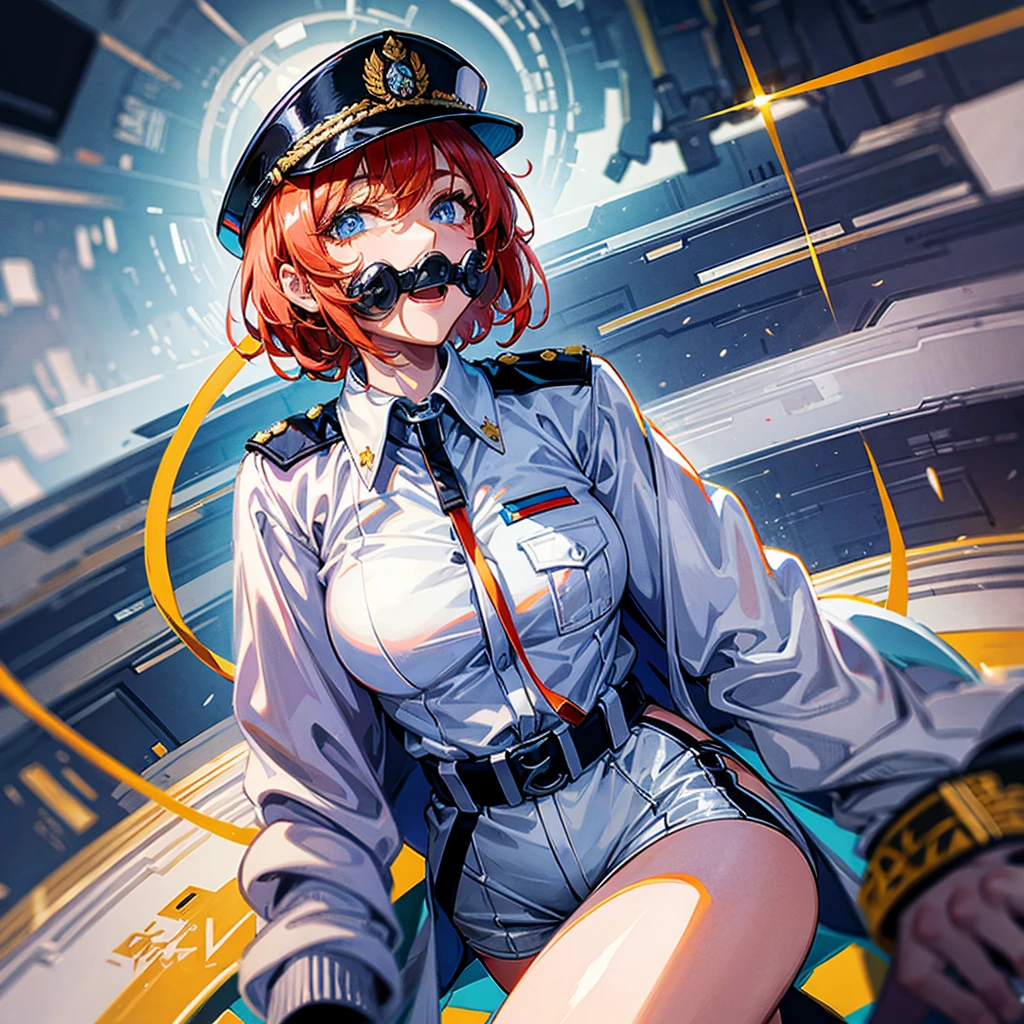 (((masterpiece)))、(((Top image quality)))、(((top-quality)))、(((highly detailed unity 8kwall-paper)))、(Illustration of one woman)、30-years old、(Viceroy)、((Red-haired shorthair))、(Thin hair hanging down both sides of the face)、Blue eyes、((Tall))、((Muscle Woman、stocky build、muscular legs、broad shoulders、solid chest))、((Military uniforms))、((Military Cap))、((Military coat))、(white clothes)、(White pants)、(White cap)、trench coat、((Inside the spaceship))、(The universe outside the window、Earth seen from space)