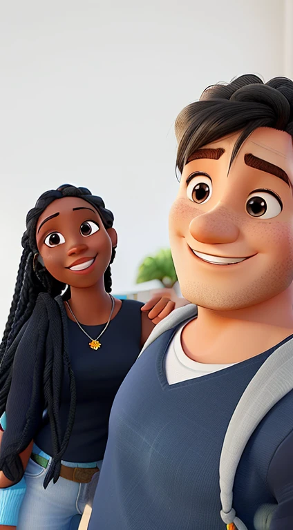 Marido e esposa, arte Pixar, alta qualidade, melhor qualidadem ela negra, e ele branco, ele com blusa azul xadrez, ela com dentes perfeitos, with a head of several braids, e fundo lindo, estilo disney