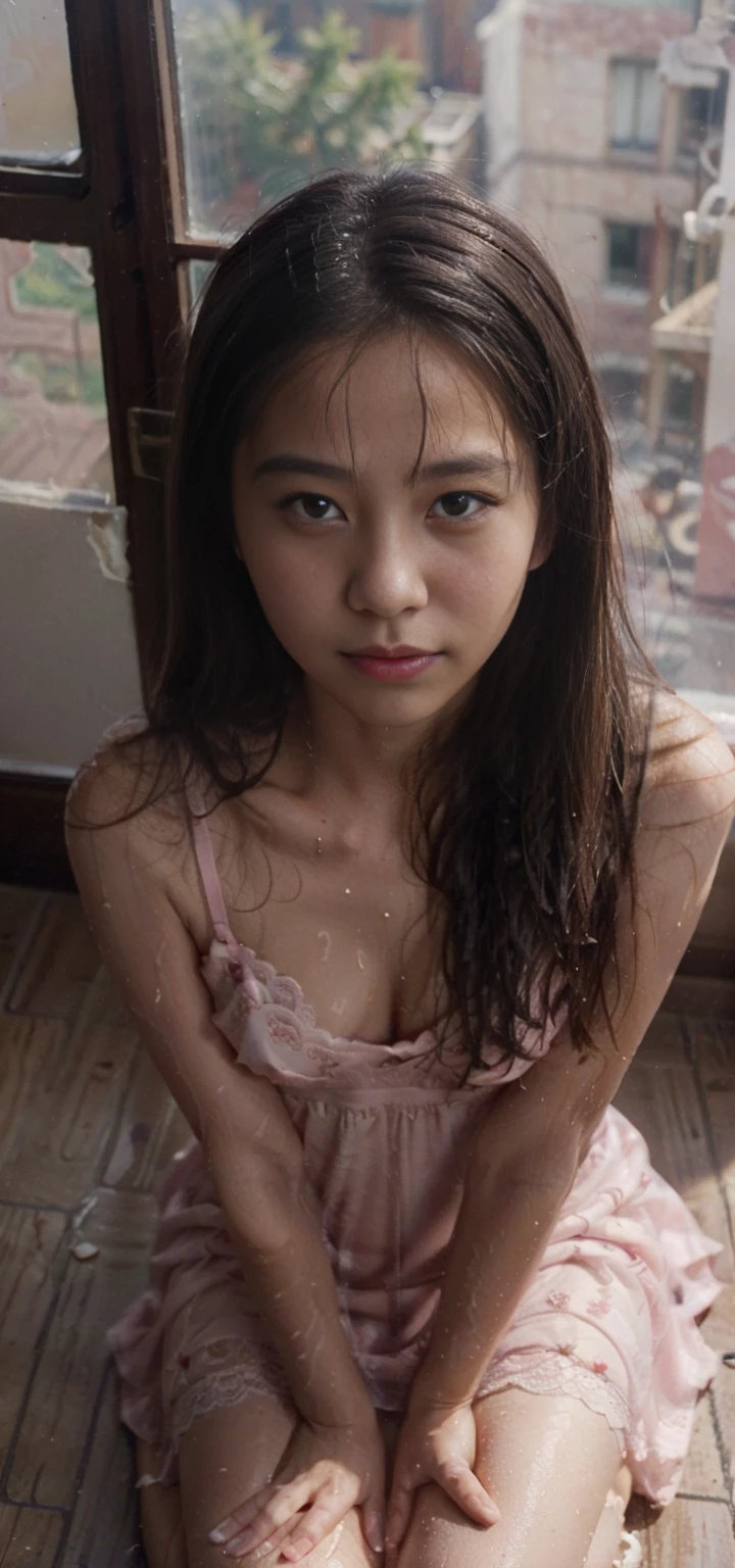 (From a straight above, bird's-eye perspective), 1girl, Realistic Chinese pretty teenage girl,12-years old, pink colour silk lace nightdress, erotic, small breast,greasy, knelt on the floor, eye gazing up to the camera, with sweat on body, sweat on breasts,wet body,wet chest,wet breasts, waiting for punishment, beside the window