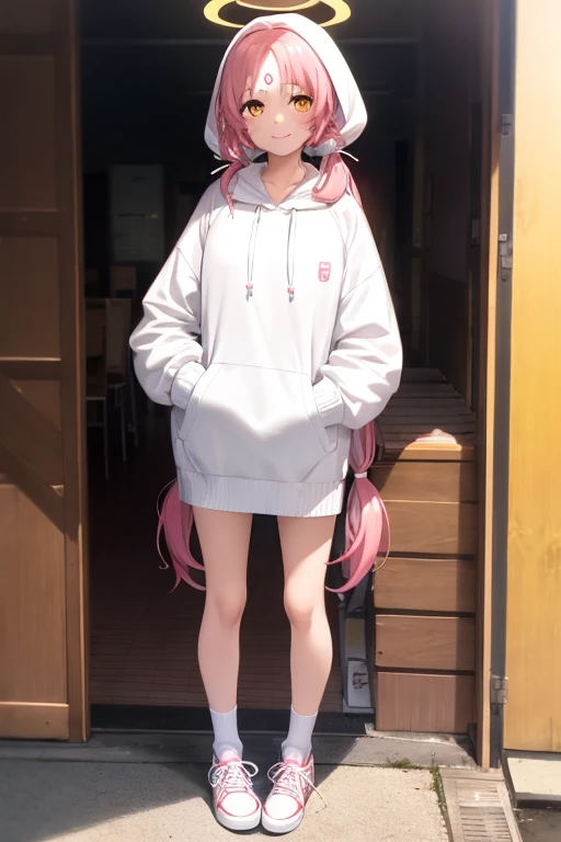 masterpiece, best quality, 1girl, solo, long hair, white footwear, full body, twintails, pink hair, standing, hand in pocket, very long hair, long sleeves, looking at viewer, hair rings, socks, bangs, halo, shoes, forehead mark, white hoodie, hood, hoodie, white socks, parted bangs, facial mark, low twintails, lollipop, orange eyes, closed mouth, yellow eyes, food, puffy long sleeves, sweater, smile, sneakers, hood down, white sweater, collarbone,outdoors