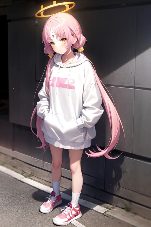 masterpiece, best quality, 1girl, solo, long hair, white footwear, full body, twintails, pink hair, standing, hand in pocket, very long hair, long sleeves, looking at viewer, hair rings, socks, bangs, halo, shoes, forehead mark, white hoodie, hood, hoodie, white socks, parted bangs, facial mark, low twintails, lollipop, orange eyes, closed mouth, yellow eyes, food, puffy long sleeves, sweater, smile, sneakers, hood down, white sweater, collarbone,outdoors