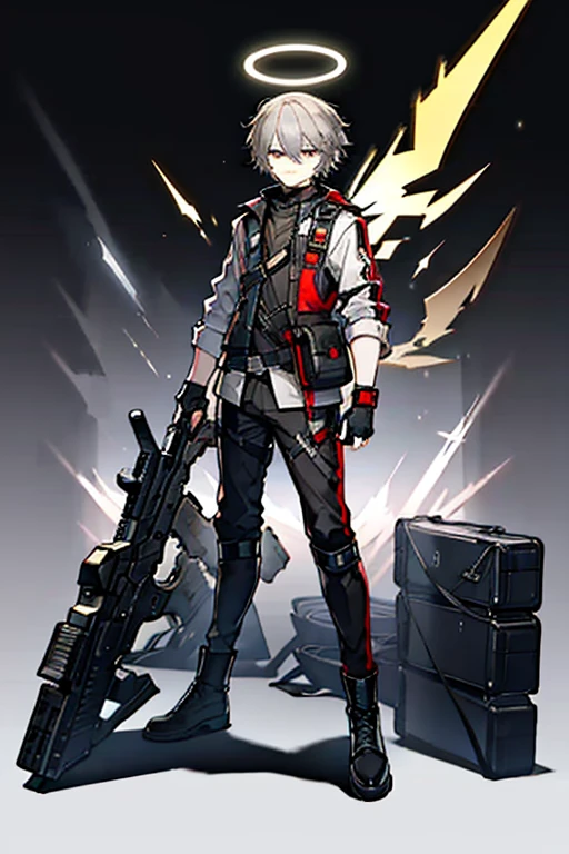 (masterpiece), best quality, solo, arknights design, arknights character, arknights style, arknights operator, toned body, Ash gray hair, white halo, sharp eyes, gray eyes, pale skin, medium height, dark, (vest, boots, pistol holster, pistol strap, combat knife), man, young man, boy, male, militant, holographic angular shaped wings, (ashes, black smoke from behind, black silence, night, dark background), orange yellowish lights, expressive eyes, grey eyes, ash grey hair, Pale white skin, (short hair, no facial hair, bangs), white halo, (Tactical Jacket/Vest, Fitted Utility Pants, Combat Boots, Fingerless Gloves, Utility Belt, knife holster, Tactical equipment), survival kit, handgun magazines, gun holster, Utility Pants, Natural Explorer, menacing glare, menacing smile, glare, menacing stare, bloody, bruised, ready to kill, murder