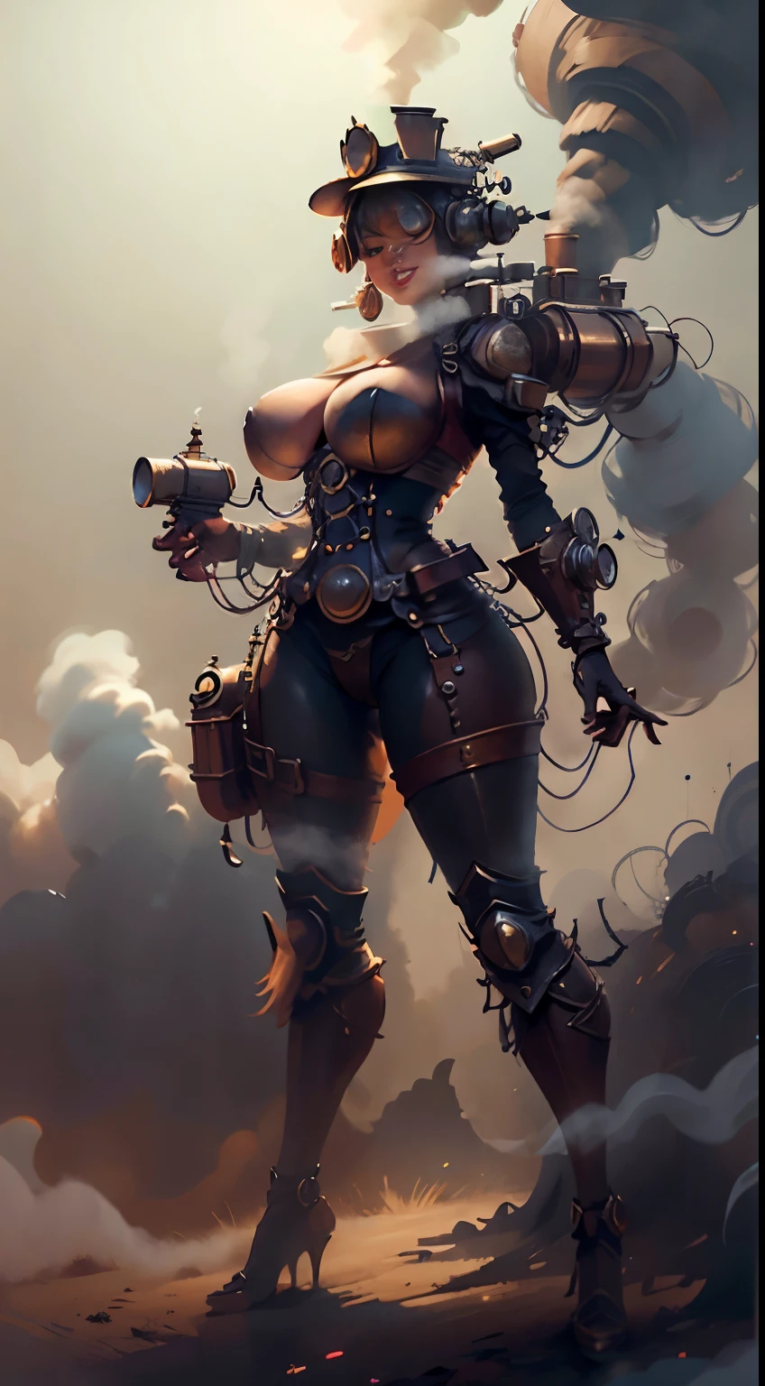 sexy french 1woman with a steam-powered dusky skin, with big breasts,Royal look,helmet, sexy full body view top to bottom, standing in backview turning camera, random camera Angle, provocative pose, seductive smile, dark smoke fog background, detailed wild steampunk illustration,