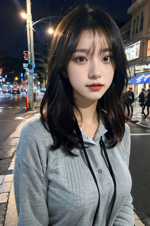 Uji Film XT3, 8K,close up photograph, tmasterpiece, Best quality, (((1 girl))), Alone,actual, ((looking at viewert)), Photo-realistic txt extremely detailed faces), looking at viewert, ((ultra - detailed的眼睛和瞳孔)), ultra - detailed,sad expressions, ((On the city street at night)), hoody, longer sleeves,