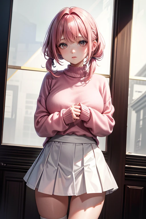 (best quality, 4k, 8k, highres, masterpiece:1.2), Pink Hair、poneyTail、Shorthair。She lifted up her frilly skirt with both hands and revealed her panties.。panties are elegant white。The jacket is a fluffy white sweater。Her breasts are big and beautiful.。Flip up your skirt with both hands.。The top garment is a sweater。Show me your panties。、