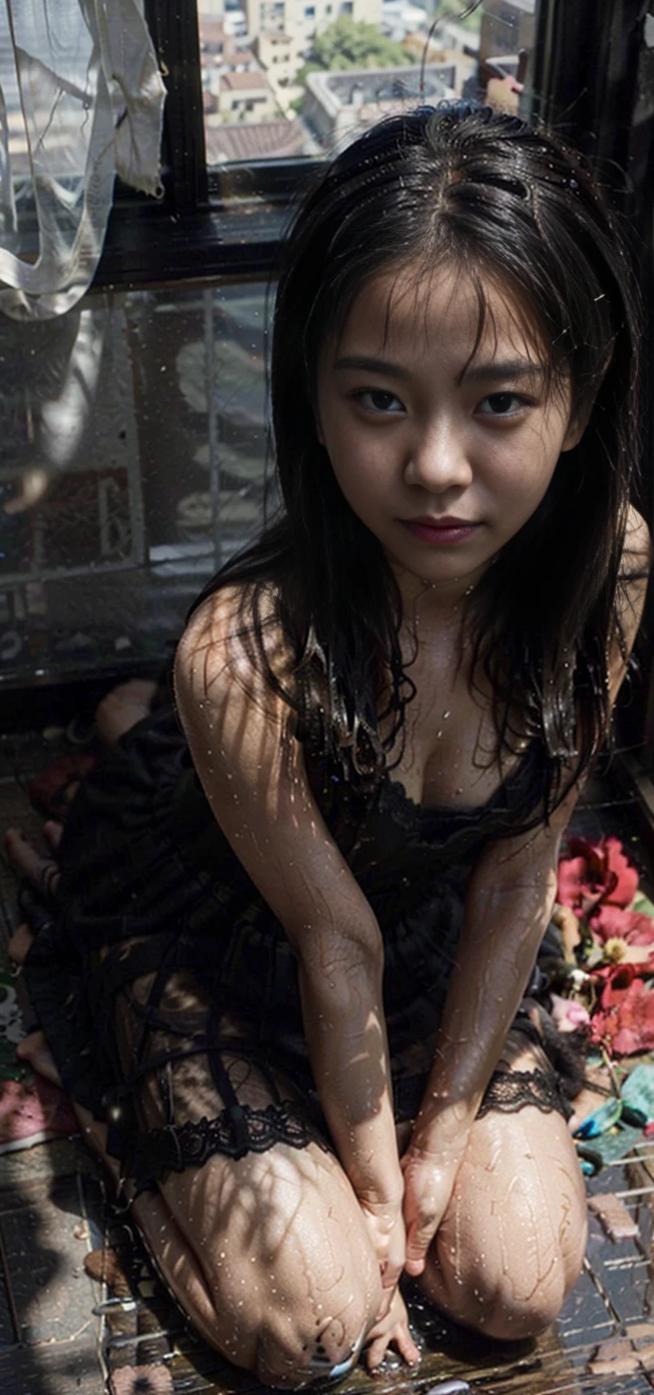 (From a straight above, bird's-eye perspective), 1girl, Realistic Chinese pretty teenage girl,12-years old, black colour silk lace nightdress, erotic, small breast,greasy, knelt on the floor, eye gazing up to the camera, with sweat on body, sweat on breasts,wet body,wet chest,wet breasts, waiting for punishment, beside the window