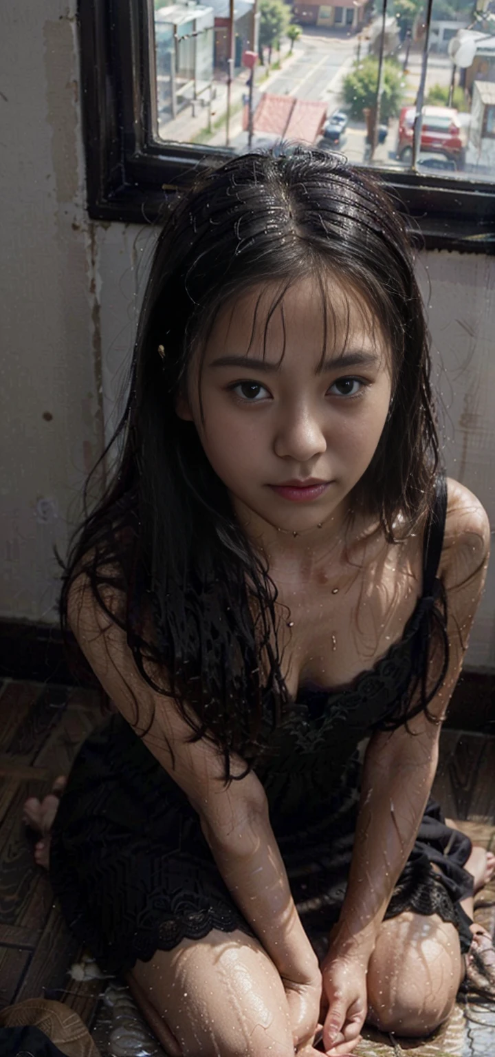 (From a straight above, bird's-eye perspective), 1girl, Realistic Chinese pretty teenage girl,12-years old, black colour silk lace nightdress, erotic, small breast,greasy, knelt on the floor, eye gazing up to the camera, with sweat on body, sweat on breasts,wet body,wet chest,wet breasts, waiting for punishment, beside the window