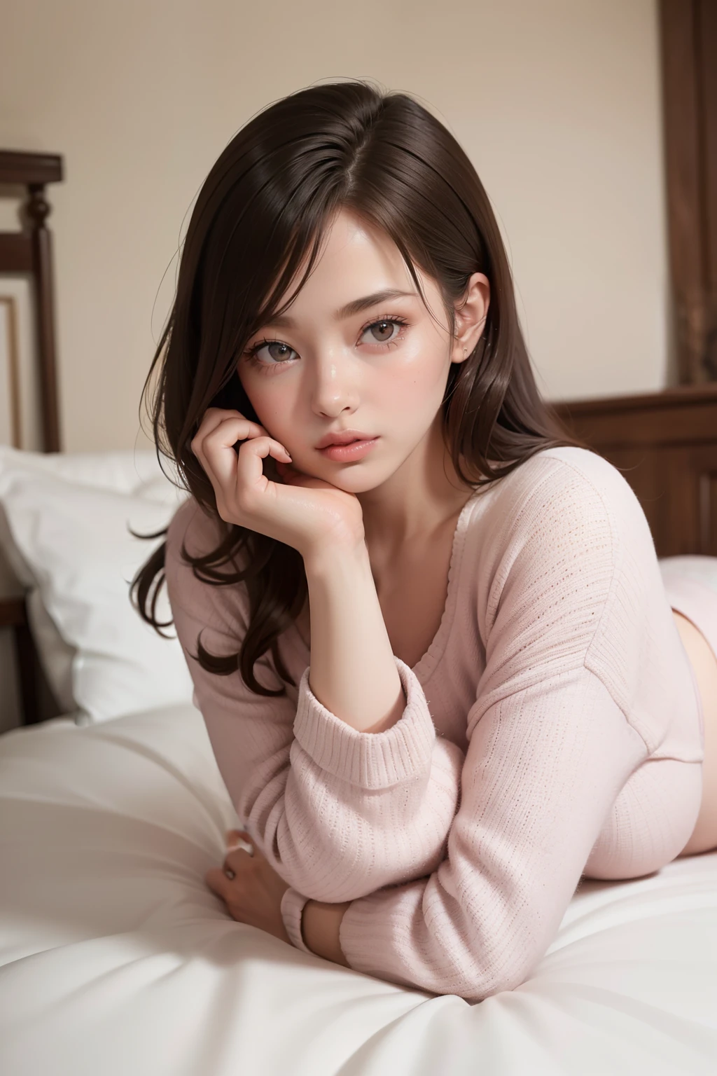 (masterpiece, best quality, cinematic, photorealistic, ultra-detailed), 1girl, (wearing cozy pajama set), (wearing a soft and oversized pajama set in a pastel color), perfect hands, perfect face, (subtle pink lips, puffy lips, thick lips:1.2), (wide shot, full body view:1.5), (light brunette, loose waves hairstyle), wide hips, thick thigh, bursting breasts, round ass, arms wide open, (seductive pose, lying face down in the bed), (soft brown eyes, detailed pupils), blushing, bedroom background