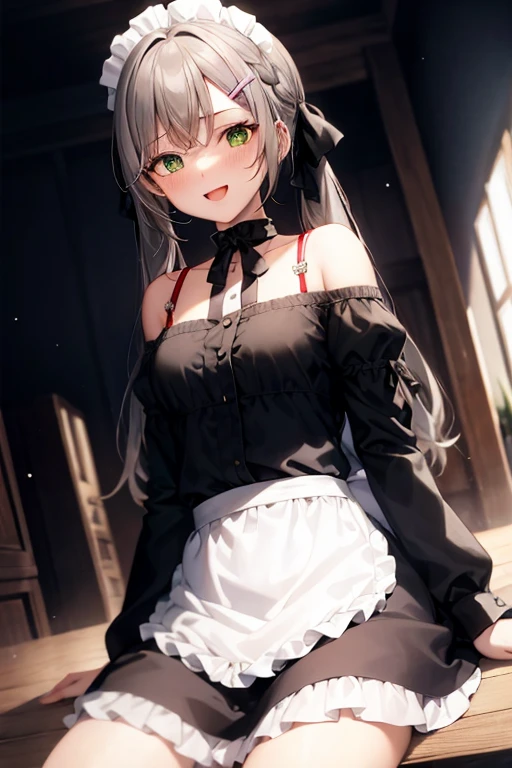 masterpiece, best quality, green eyes, 1girl, solo, maid, maid headdress, hair ornament, smile, looking at viewer, long hair, apron, choker, open mouth, twintails, hairclip, sitting, dress, short sleeves, blush, maid apron, frills, black choker, brown hair, grey hair, bangs, black dress, wrist cuffs, :d, hair between eyes