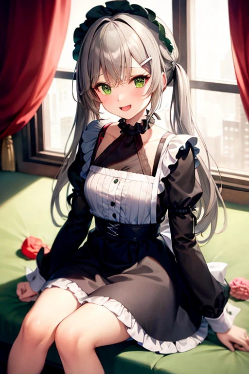 masterpiece, best quality, green eyes, 1girl, solo, maid, maid headdress, hair ornament, smile, looking at viewer, long hair, apron, choker, open mouth, twintails, hairclip, sitting, dress, short sleeves, blush, maid apron, frills, black choker, brown hair, grey hair, bangs, black dress, wrist cuffs, :d, hair between eyes