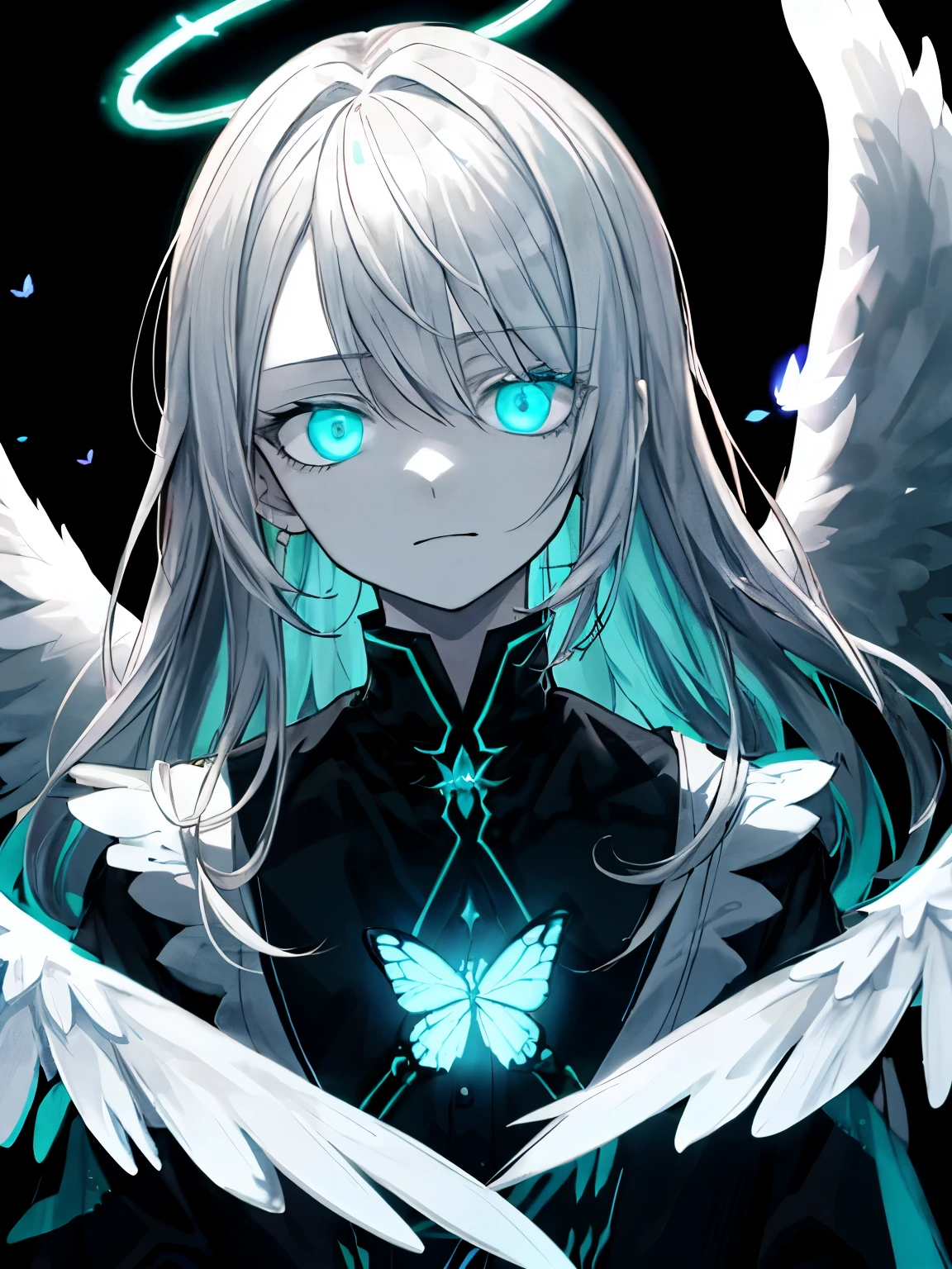 Best Quality、masutepiece、Ultra-detailed、face perfect、Extremely detailed、Extremely delicate、1 boy, (Scary), Angel, Gorgeolanche'The halo), Dark, Glowing eyes, Light green eyes, Angel wings, holy, , blancheのチュニック, 2対のblanche angel wings, which are full of confidence, close your mouth a little、Expressive eyes, collofull eyes, Contrasty, shadowy, masutepiece, Digital Art, Glowing eyes, Intimidating, corrupted, Demonic, Abstract background, blanche, black and teal、両手にblancheく輝く星を浮かばせる、fear、A light blue butterfly dances