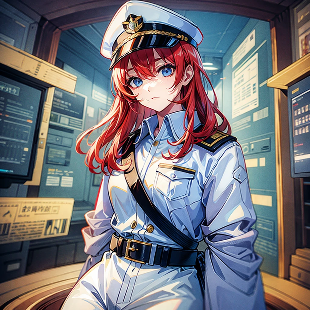 (((masterpiece)))、(((Top image quality)))、(((top-quality)))、(((highly detailed unity 8kwall-paper)))、(Illustration of one woman)、30-years old、(Viceroy)、((Red-haired shorthair))、(Thin hair hanging down both sides of the face)、Blue eyes、((Tall))、((Muscle Woman、stocky build、muscular legs、broad shoulders、solid chest))、((Military uniforms))、((Military Cap))、((Military coat))、(white clothes)、(White pants)、(White cap)、trench coat、((Inside the spaceship))、(The universe outside the window、Earth seen from space)