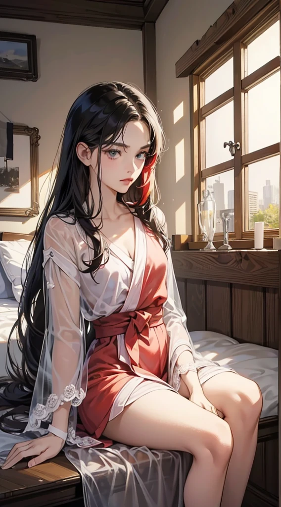 A beautiful 1 woman with long black hair, straight hair, bullish gaze, elegance, wearing a bathrobe, solid makeup, 23 years old with small bust, standing in a room with two handsome men in suits, well-muscled, firm shoulder width, adult male, boyish hairstyle, English gentlemanly style, 28-year-old man with bright smile, surrounded by antique furnishings including antique clamps, chair, chandeliers, crystal glass, luxury, fantastical light, marble fireplace, wine glasses, champagne, with a first time failure, heart-broken, crying face, vexation expression, at work. (best quality,4k,8k,highres,masterpiece:1.2),ultra-detailed,(realistic,photorealistic,photo-realistic:1.37),Digital Art, Digital Illustration, beautiful image, Sharp Image, Soft lighting,Ember,Raw photo,Perfect face,Perfect lines,Perfect eyes,