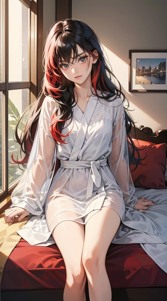 (Best Quality,4K,High resolution), 18yo woman, Red mesh hair on black hair, Long hair, Straight hair, , Comical appearance,Delicately drawn illustrations down to the smallest detail, Realistic portrayal,, Own bedroom,in a house,sideways Facing,Look at viewers,Sitting wildly,see-through langerie,dressing gown,glares,Cold eyes,Cute room,Sit on the windowsill