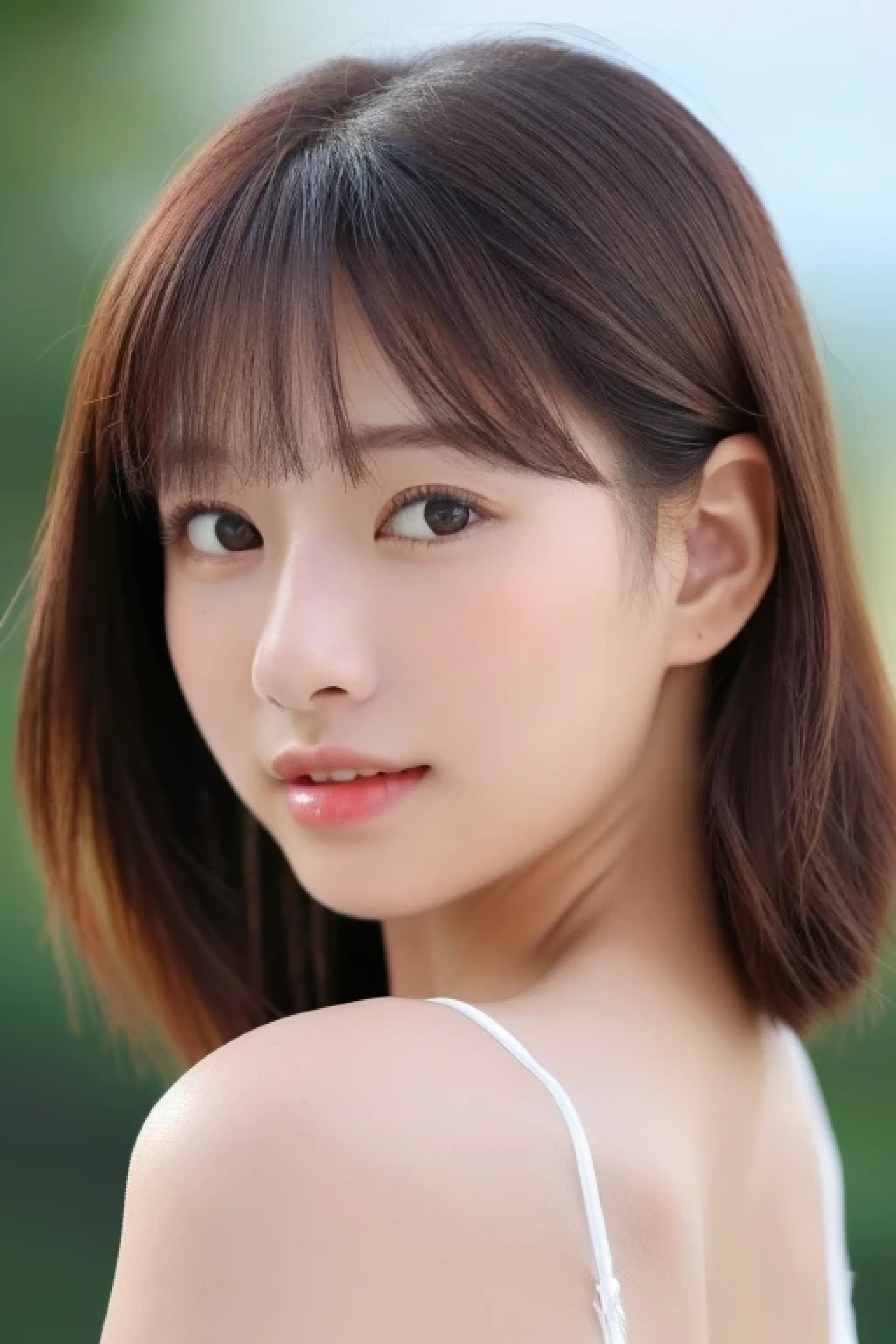 ((cute little日本の女の子、Beautiful japanese girl、1 girl in、age19、Highly detailed facial and skin texture、refinement、hyperdetailed face、ultradetailed eyes、blusher、blush、teak、ピンクのteakを塗った頬、close-up of woman、bustup、frontage、cute little、smooth white skin、Transparent skin texture、))、(dark brown hair、bangss)、Looking at the camera、Beautiful Women in Perfect Style:1.4、Japanese Models、Young gravure idols、若いcute littleグラビアアイドル、Realistic Young Gravure Idol、refinementされたグラビアアイドル、((top-quality、in 8K、masterpiece:1.3))、(4K、Raw photography、top-quality)、(reallistic、フォトreallistic:1.37)、Place a person on the other side of the screen、natural soft light、poneyTail、upper body and head、refinement、