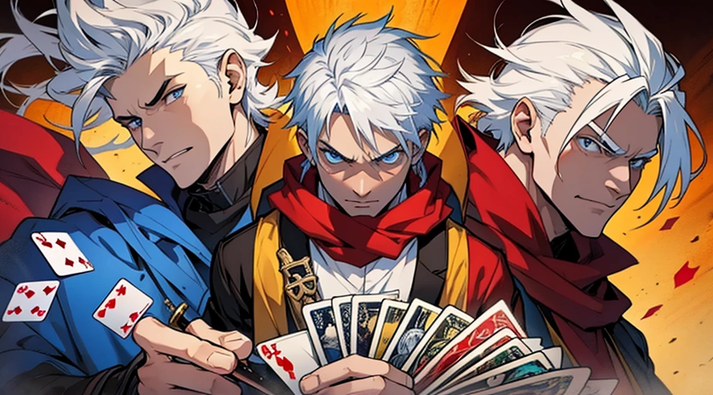 Man with white hair and blue eyes and a red scarf and a device in his jaw and in a yellow arcane costume and red gloves and very angry holding a golden katana and a watercolor style yellow background with playing cards flying