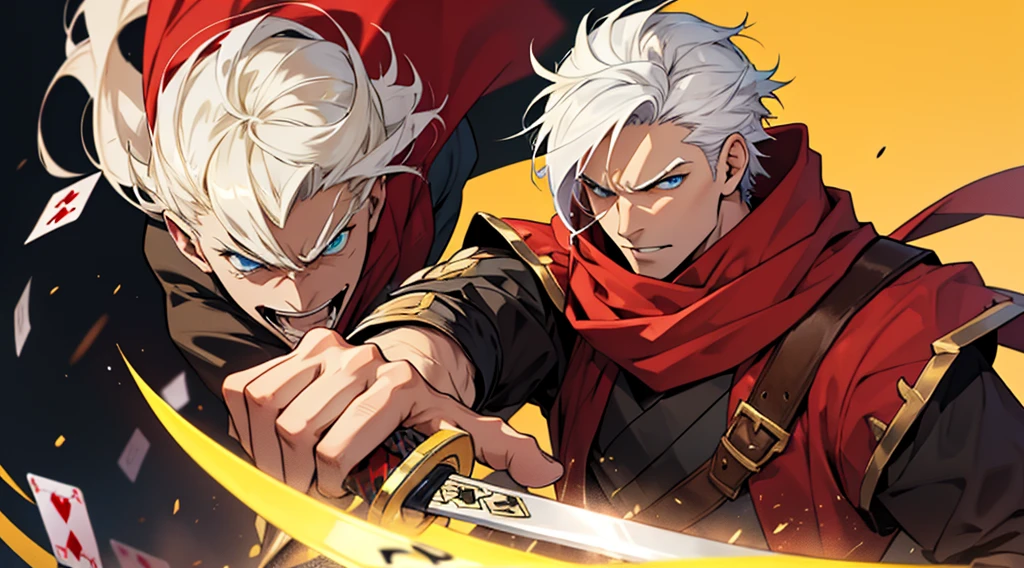 Man with white hair and blue eyes and a red scarf and a device in his jaw and in a yellow arcane costume and red gloves and very angry holding a golden katana and a watercolor style yellow background with playing cards flying