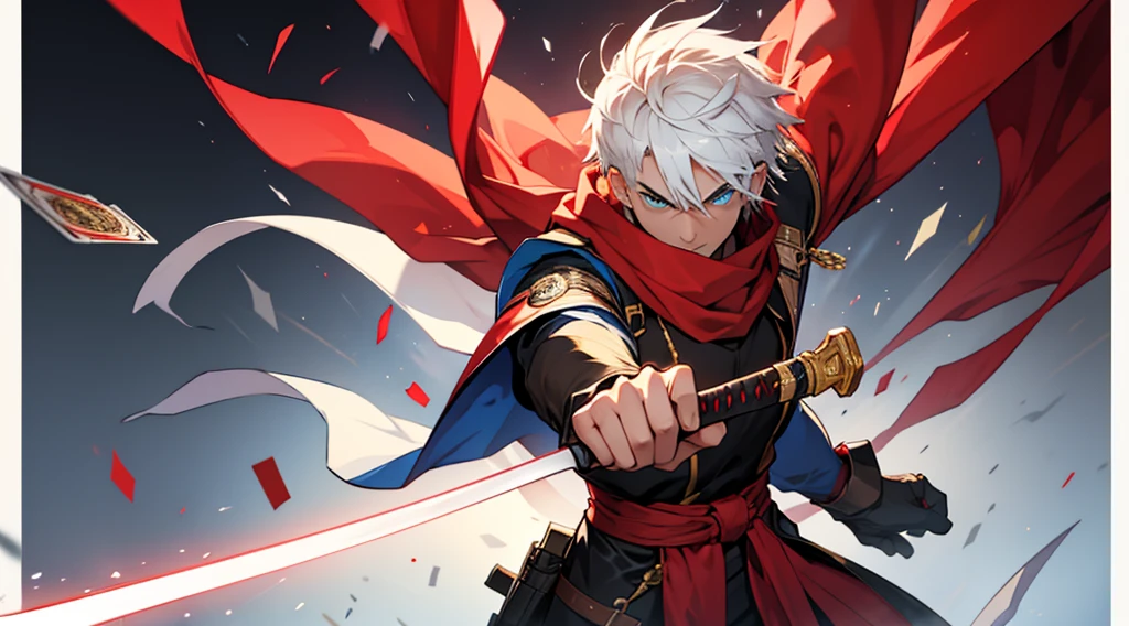 Man with white hair and blue eyes and a red scarf and a device in his jaw and in a yellow arcane costume and red gloves and very angry holding a golden katana and a watercolor style yellow background with playing cards flying