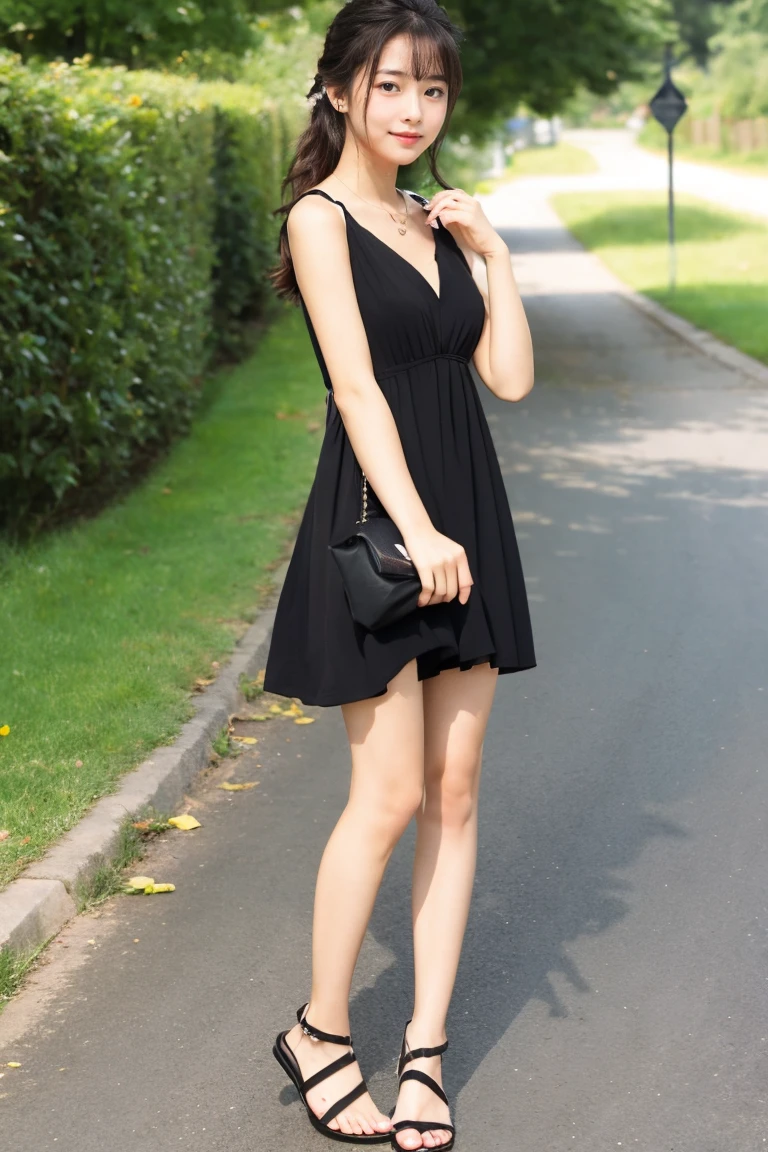 Beautiful girl wearing a collarless summer dress、、japanes、Wheat-toned skin、(heavy wind)、Allback、slightly tanned skin、((Black))、