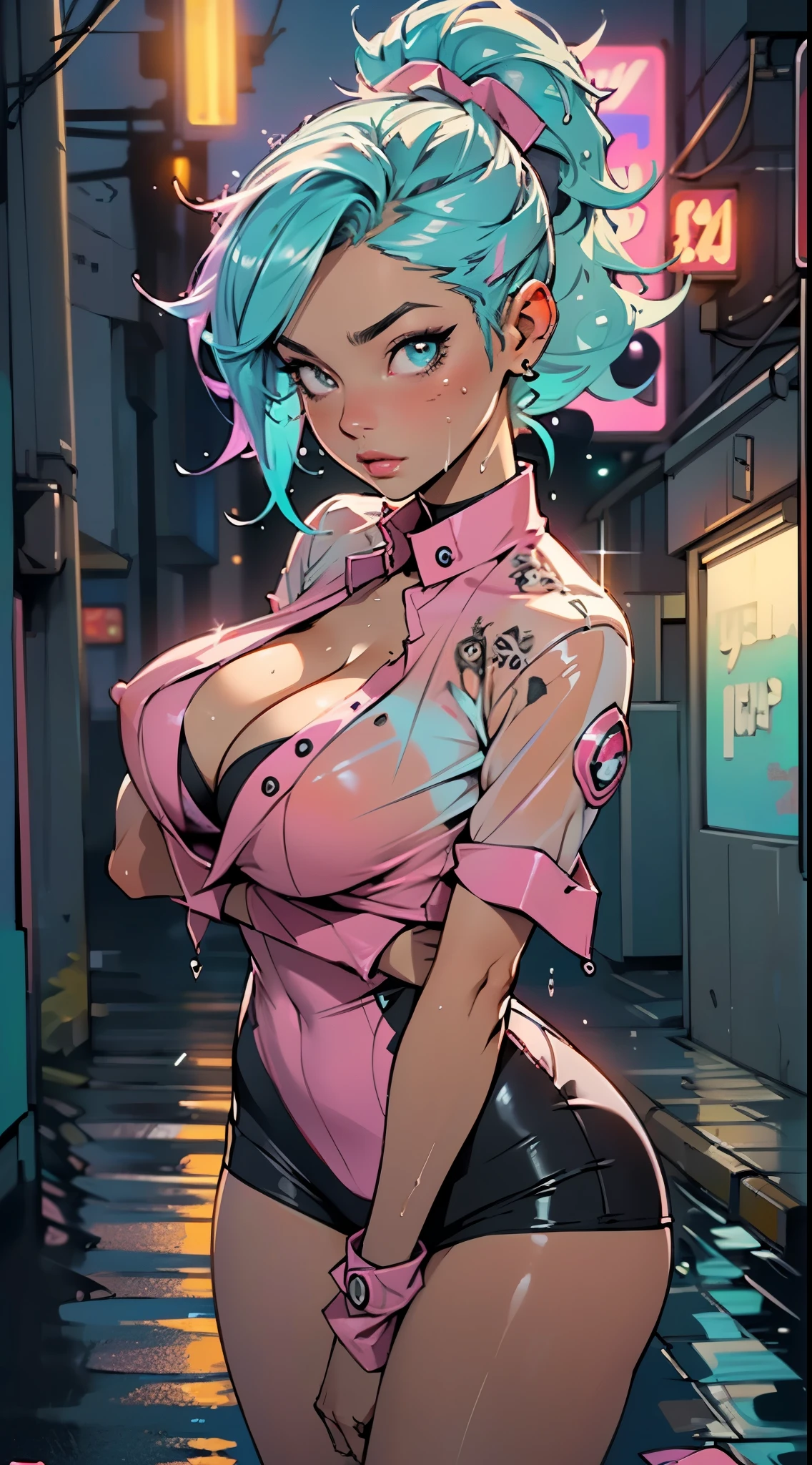 cute bunny girl,(((1girl))),((bunny girl with extremely cute and beautiful aqua hair)),(((bunny girl,anthro furry cute,bunny-girl))),(((bunny ears,bunny ears on head,big bunny ears))),
(large breasts:1.4),saggy breasts,(((aqua_hair ponytail:1.35,aqua_hair:1.3,colored inner hair,ear breathing,large hair))),((heterochromia:1.5, (aqua_eye and pink_eye))),intricate eyes,beautiful detailed eyes,symmetrical eyes,big eyes:1.3,((fat)),(((lustrous skin:1.5,bright skin: 1.5,skin tanned,shiny skin,very shiny skin,shiny body,plastic glitter skin,exaggerated shiny skin,illuminated skin,wet legs))),(spider lower abdomen,narrow waist,wide hip,athletic body,inflated legs, thick thighs,detailed body,(detailed face)),
cute,slutty,seductive,erotic,(nsfw),
zettai ryouiki,(((race queen style costume, attractive companion costumes,pit girl costume))),(magenta suit unbuttoned,magenta costume),(((huge cleavage))),cleavage cutout,((wet clothes,intricate outfit,intricate clothes)),
(dynamic pose:1.0),solo focus,embarrassed,(centered,scale to fit dimensions,Rule of thirds),
cyberpunk city by the ocean at night, with bright neon signs and dark stormy clouds and puddles, scenery:1.25,nighttime, starry night, cosmos,Very dark night that makes the neon lights stand out, very bright neon lights,nighttime, starry night, cosmos,
artistic photography,(photography taken by sldr),highres, sharp focus,(ultra detailed, extremely detailed), (photorealistic artwork:1.37),(extremely detailed CG unity 8k wallpaper),((synthwave background theme)),(((vibrant colors))),intricate,(intricate background),(masterpiece),(best quality),perfect rendered face,perfect face details,realistic face,photo realistic,analog style,((intricate detail)),(((realism))),