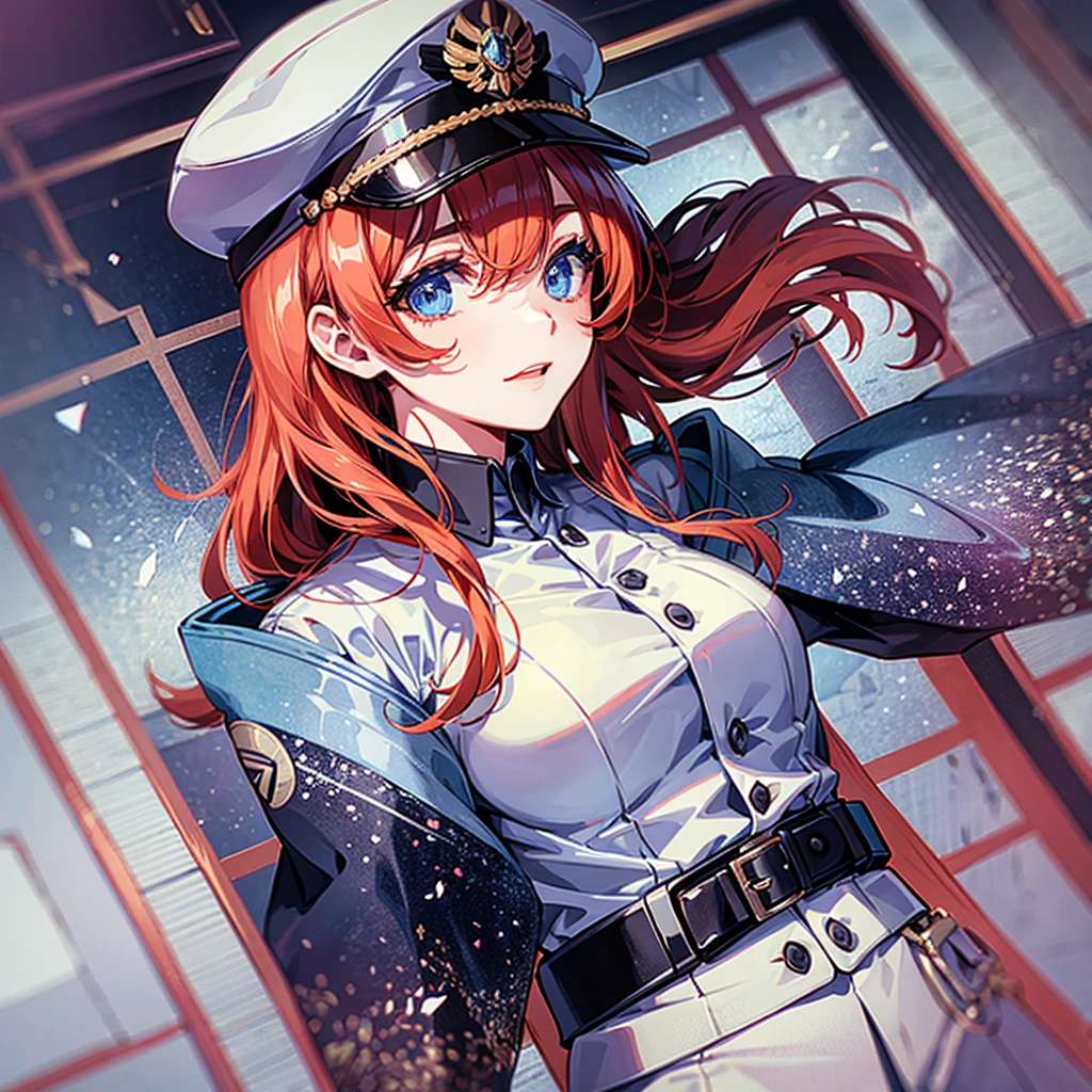 （（（​masterpiece）））、（（（Top image quality）））、（（（top-quality）））、（（（highly detailed unity 8ｋwall-paper）））、（Illustration of one woman）、30-years old、（Viceroy）、（（Red-haired shorthair））、（Thin hair hanging down both sides of the face）、Blue eyes、（（Tall））、（（Muscle Woman、stocky build、muscular legs、broad shoulders、solid chest））、（（Military uniforms））、（（Military Cap））、（（Military coat））、（white  clothes）、（White pants）、（White cap）、trench coat、（（Inside the spaceship））、（The universe outside the window、Earth seen from space）