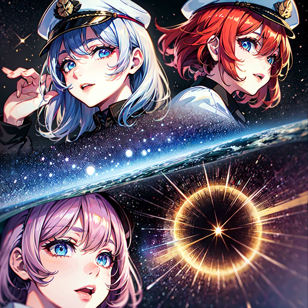 (((masterpiece)))、(((Top image quality)))、(((top-quality)))、(((highly detailed unity 8kwall-paper)))、(Illustration of one woman)、30-years old、(Viceroy)、((Red-haired shorthair))、(Thin hair hanging down both sides of the face)、Blue eyes、((Tall))、((Muscle Woman、stocky build、muscular legs、broad shoulders、solid chest))、((Military uniforms))、((Military Cap))、((Military coat))、(white clothes)、(White pants)、(White cap)、trench coat、((Inside the spaceship))、(The universe outside the window、Earth seen from space)
