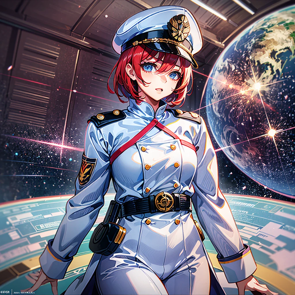(((masterpiece)))、(((Top image quality)))、(((top-quality)))、(((highly detailed unity 8kwall-paper)))、(Illustration of one woman)、30-years old、(Viceroy)、((Red-haired shorthair))、(Thin hair hanging down both sides of the face)、Blue eyes、((Tall))、((Muscle Woman、stocky build、muscular legs、broad shoulders、solid chest))、((Military uniforms))、((Military Cap))、((Military coat))、(white clothes)、(White pants)、(White cap)、trench coat、((Inside the spaceship))、(The universe outside the window、Earth seen from space)