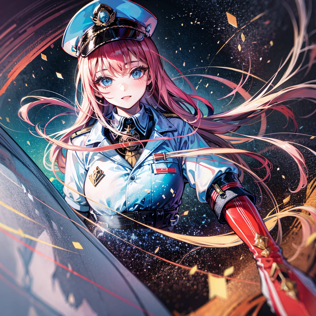 (((masterpiece)))、(((Top image quality)))、(((top-quality)))、(((highly detailed unity 8kwall-paper)))、(Illustration of one woman)、30-years old、(Viceroy)、((Red-haired shorthair))、(Thin hair hanging down both sides of the face)、Blue eyes、((Tall))、((Muscle Woman、stocky build、muscular legs、broad shoulders、solid chest))、((Military uniforms))、((Military Cap))、((Military coat))、(white clothes)、(White pants)、(White cap)、trench coat、((Inside the spaceship))、(The universe outside the window、Earth seen from space)