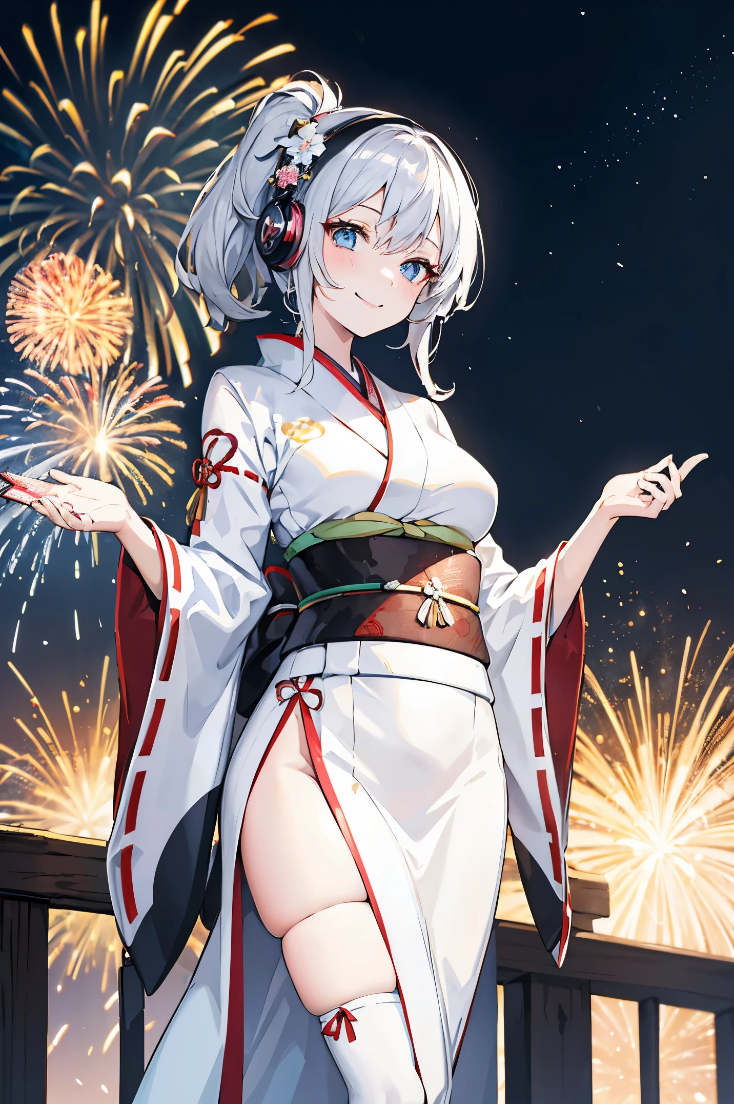 "anime girl, 1 person, silver white hair mixed with black, blue eyes, wearing headphones, wearing a kimono, women's kimono, traditional kimono, detailed outfit, big breasts, white kimono mixed with black, stockings long, standing cross-legged, smiling shyly, looking from many directions, night, festival, New Year's Eve fireworks, watching fireworks, solo(full HD Image 4K+)"