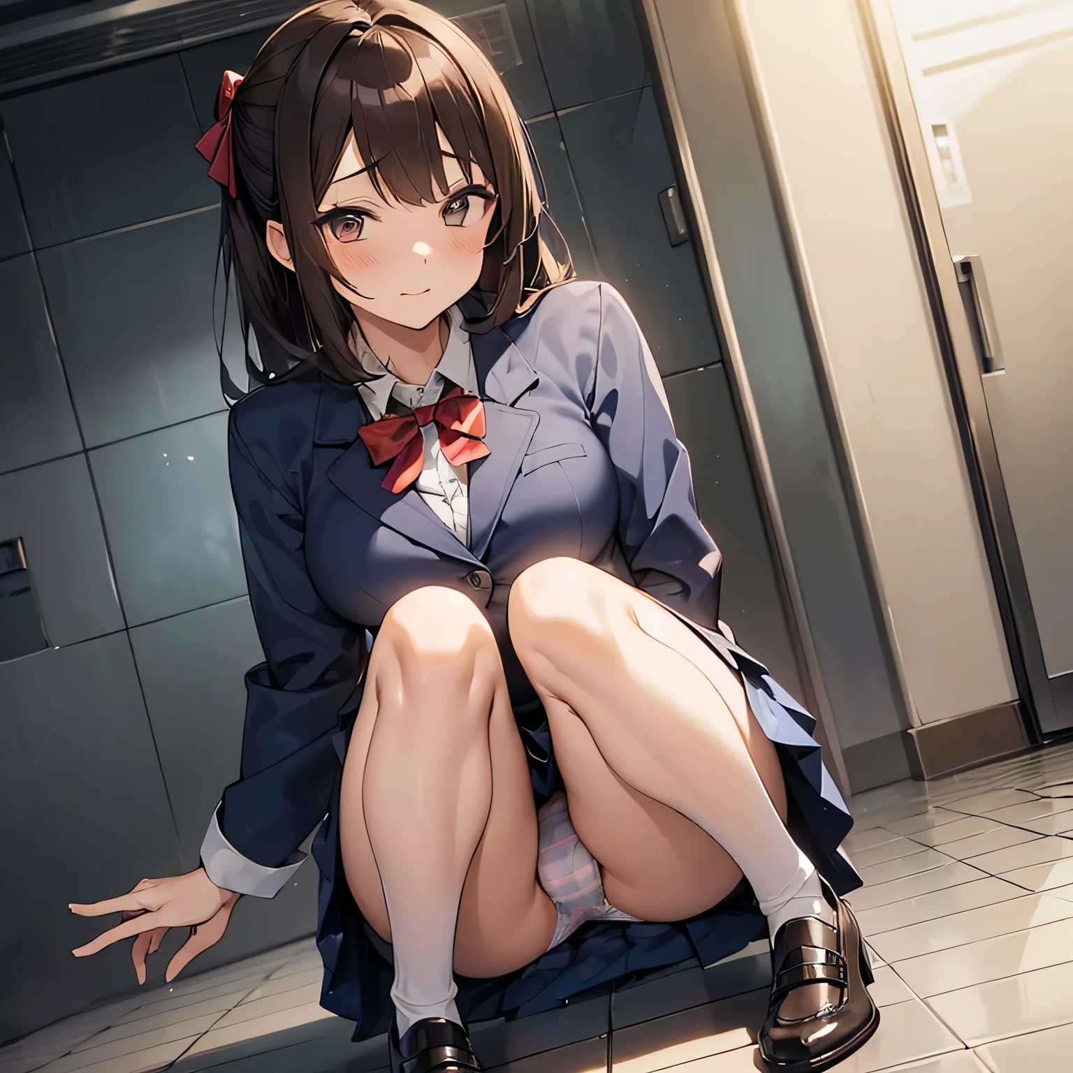 ((((masutepiece, Highest Quality, Best Quality, 1girl in, Solo, Beautiful anime、Detailed picture))))、18year old、A slender、slightly larger breasts、skinny thigh、((dark brown hair、Longhaire、Brown-eyed、rounded eyes、Clear department、、)),((Dirty floor、Filthy floors、dirt、gray tiles、public restroom))、((Dark blue blazer、Dark blue skirt、School uniform、bow ribbon、lowfers)))、、Nasty face、cum on、NSFW、(((Show panties、cute panty、Fluid overflowing from the female genitalia)))、(crouching down、open one's legs、Place your heels on the ground、shot from front)、Photo from the knee up、