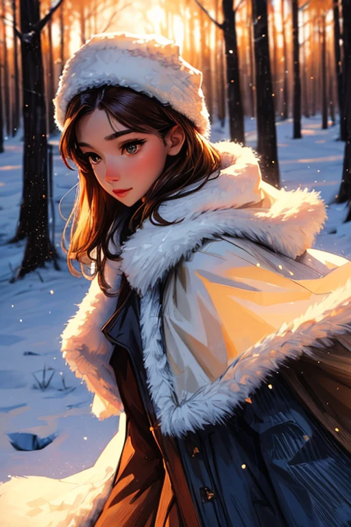 handsome girl, brown eye, Long brown hair, blue dress, white fur cape, winter, woods, sunlit