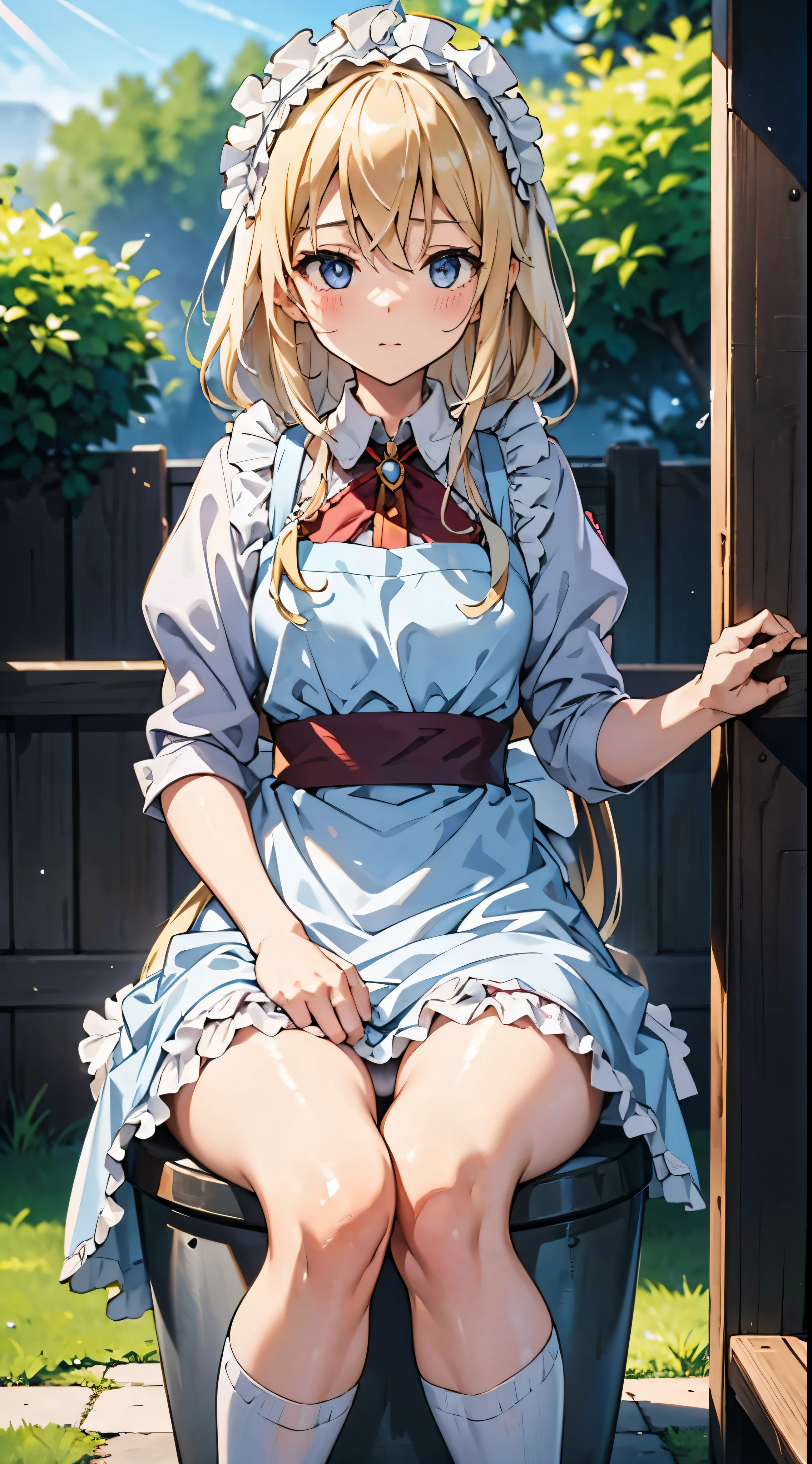 anime styled, High definition illustration, Perfect drawing, Anatomically accurate drawing, alice in the wonderland, In a forest bathed in bright sunlight, Beautiful blonde girl, ((seminude:1.5)), Curta, A light blue dress with a simple design and frills., Layering a white apron,A Western-style toilet installed in a forest with no walls and exposed to the wind.,she is sitting on the toilet seat, Holding the hem of the dress and apron and rolling them up., He looks at me with a mixture of embarrassment and relief..,Looking at the camera, The Girl'Apron and skirt rolled up, You can see urine coming out of her genitals..,A thin golden pubic hair grows around the female genitals in the crotch.., I spread my legs a little to avoid peeing and look cute.., light blue headband with white trim, ((pissing:1.5)), White knee-high socks that reach above the knee