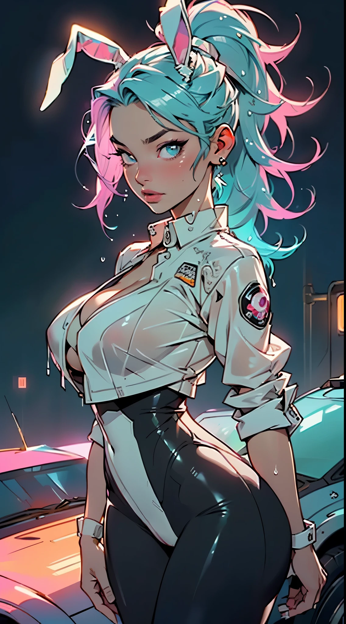 cute bunny girl,(((1girl))),((bunny girl with extremely cute and beautiful aqua hair)),(((bunny girl,anthro furry cute,bunny-girl))),(((bunny ears,bunny ears on head,big bunny ears))),
(large breasts:1.4),saggy breasts,(((aqua_hair ponytail:1.35,aqua_hair:1.3,colored inner hair,ear breathing,large hair))),((heterochromia:1.5, (aqua_eye and pink_eye))),intricate eyes,beautiful detailed eyes,symmetrical eyes,big eyes:1.3,((fat)),(((lustrous skin:1.5,bright skin: 1.5,skin tanned,shiny skin,very shiny skin,shiny body,plastic glitter skin,exaggerated shiny skin,illuminated skin,wet legs))),(spider lower abdomen,narrow waist,wide hip,athletic body,inflated legs, thick thighs,detailed body,(detailed face)),
cute,slutty,seductive,erotic,(nsfw),
zettai ryouiki,(((race queen style costume, attractive companion costumes,pit girl costume))),(magenta suit unbuttoned,magenta costume),(((huge cleavage))),cleavage cutout,((wet clothes,intricate outfit,intricate clothes)),
(dynamic pose:1.0),solo focus,embarrassed,(centered,scale to fit dimensions,Rule of thirds),
cyberpunk city by the ocean at night, with bright neon signs and dark stormy clouds and puddles, scenery:1.25,nighttime, starry night, cosmos,Very dark night that makes the neon lights stand out, very bright neon lights,nighttime, starry night, cosmos,
artistic photography,(photography taken by sldr),highres, sharp focus,(ultra detailed, extremely detailed), (photorealistic artwork:1.37),(extremely detailed CG unity 8k wallpaper),((synthwave background theme)),(((vibrant colors))),intricate,(intricate background),(masterpiece),(best quality),perfect rendered face,perfect face details,realistic face,photo realistic,analog style,((intricate detail)),(((realism))),