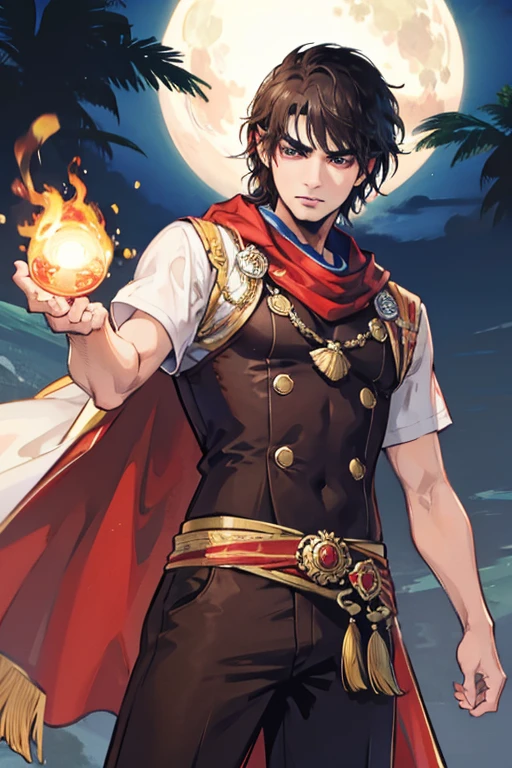 A brown haired muscular handsome man with ruby eyes is polishing a sword