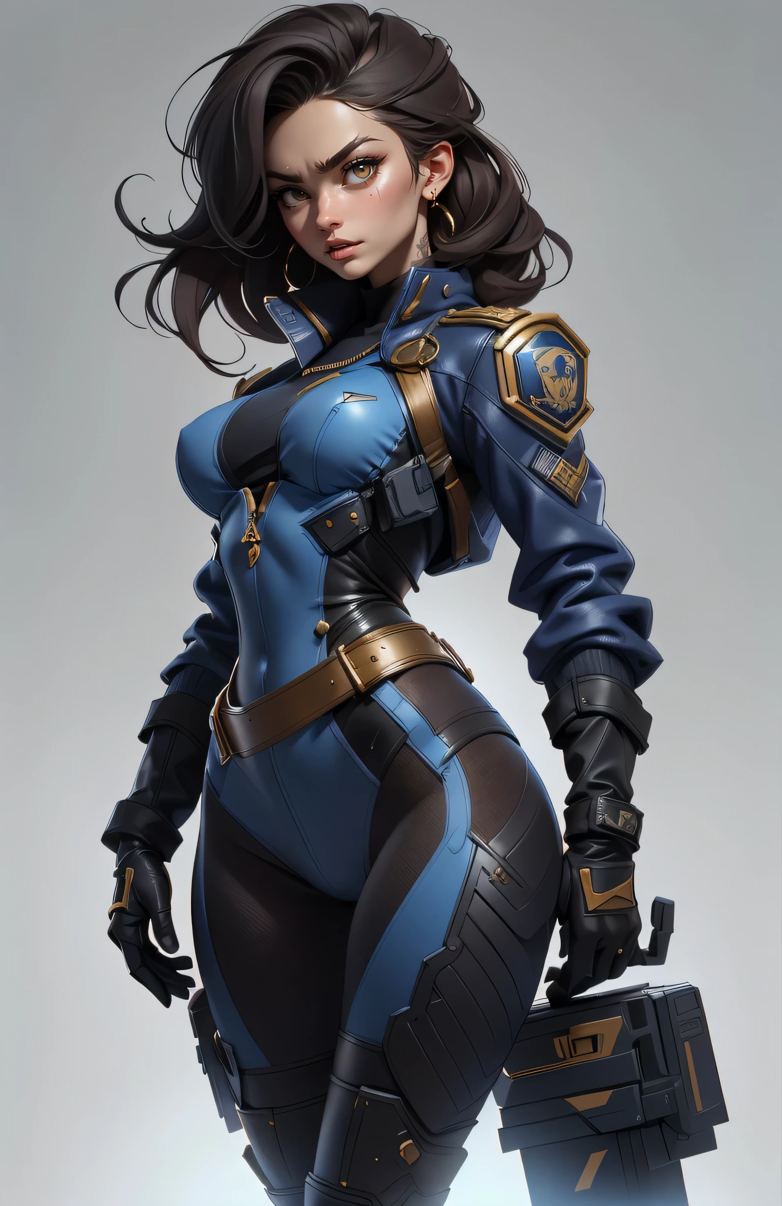 11:23(((Best quality: 1.4))),(无与伦比的tmasterpiece), (hyper HD),(Hyper-realistic 8k CG)、（dark colored hair） ((( body))), (((1 girl in))), 25-year-old American soldier with perfect body,,Beautiful and well groomed face,muscular body:1.2,Solid royal blue jacket with details, (Pictures from head to thighs)， Complex equipment, royal blue，long trousers，The clothes inside are dark ),fit and muscular body, military shirt, bshoulder, Dark blonde hair, tattooed arms, Full detail on the face,  Killing eyes, high detal, actual, Photoquality, high high quality,  (photoactual:1.4), The content is very detailed, tmasterpiece, high high quality阴影,