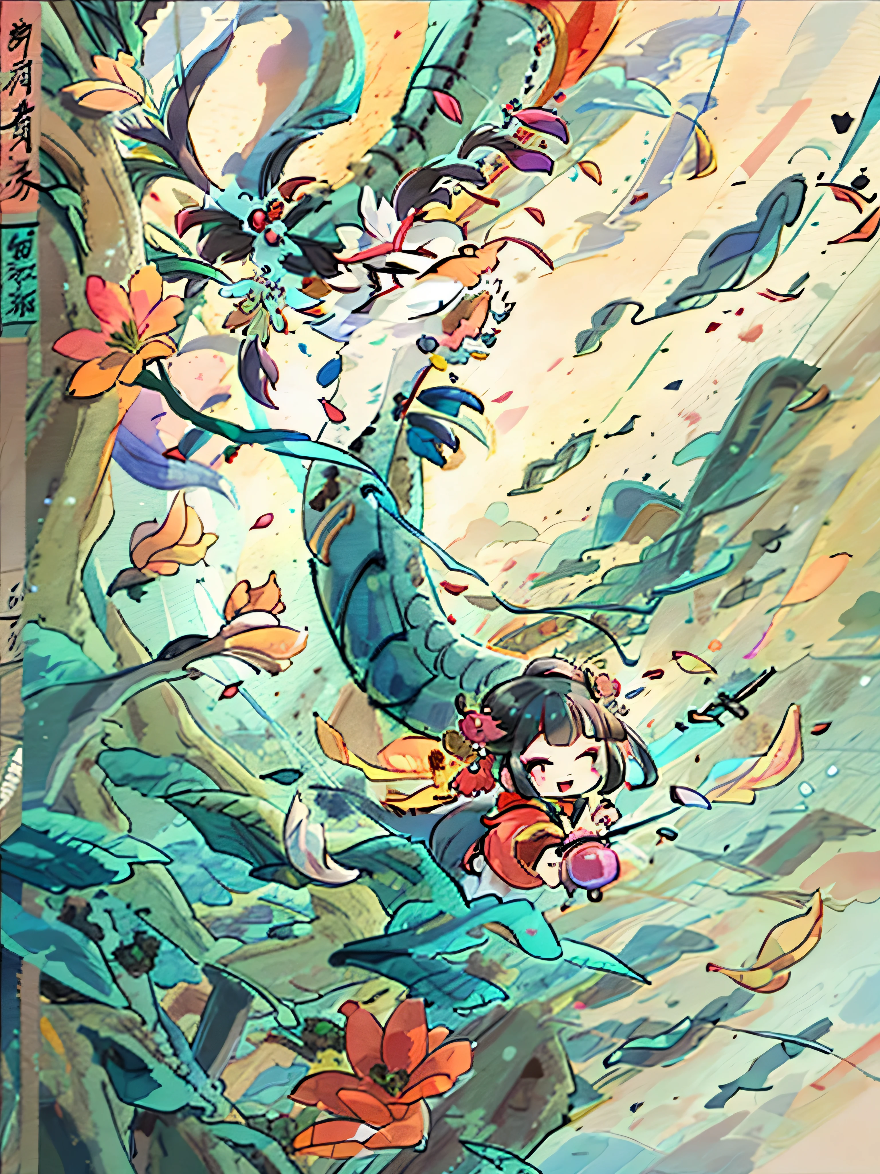 chinesedragon, A beautiful artistic illustration, cyan chinesedragon, sporty attire, full-colour illustration, full color digital illustration, rich background, smooth chinesedragon, new year wishes, chineseidol, Background chineseidol elements, Stylized, National tide chart, Two children are setting off firecrackers, Dragon is the theme