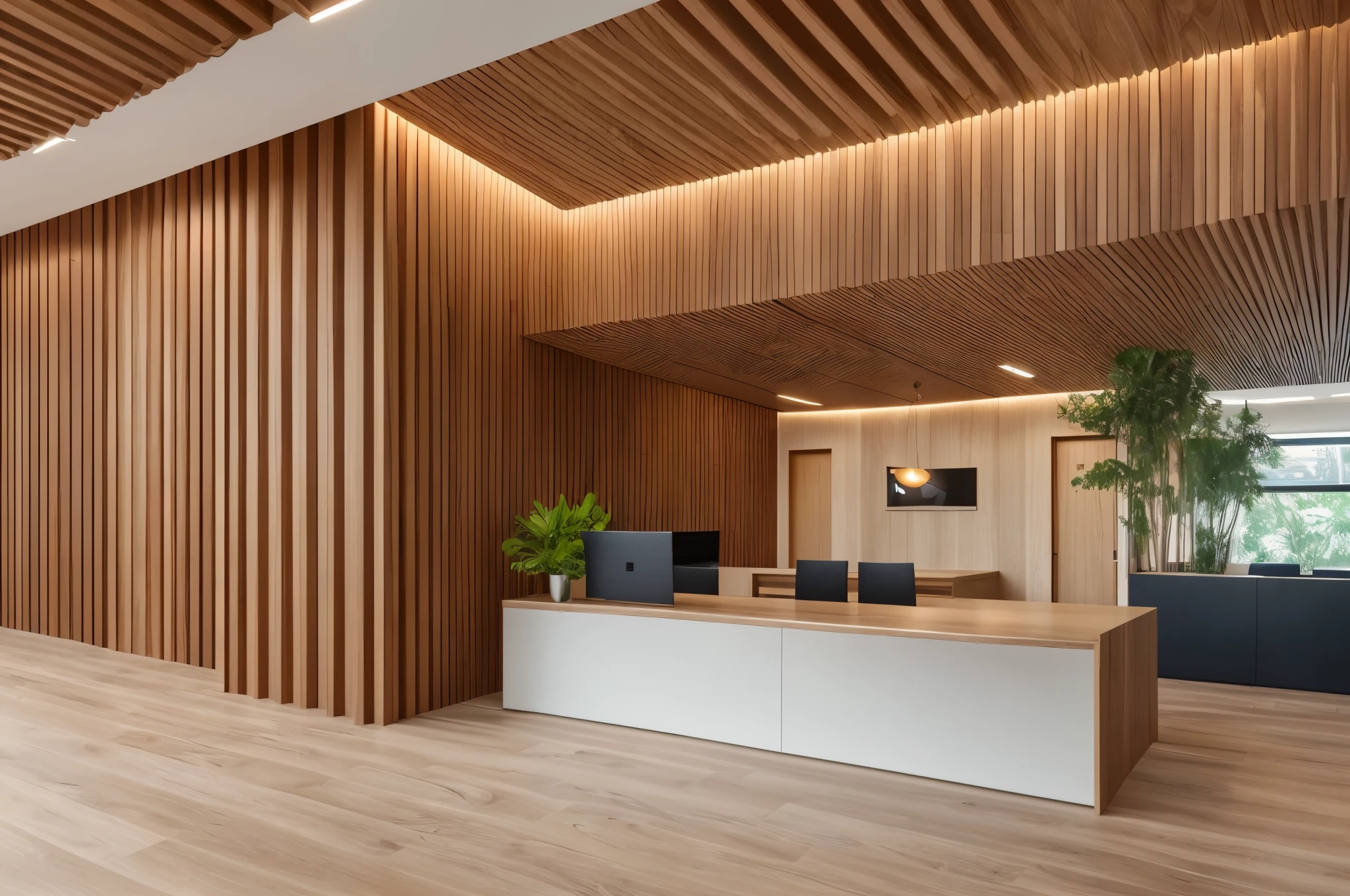 Photo of interior architecture, futuristic reception of a bank agency. Zero carbon architect. Space, conviviality, light, vegetation, proximity to the client and the advisor, comfort, wood, energy, clarity --auto --s2