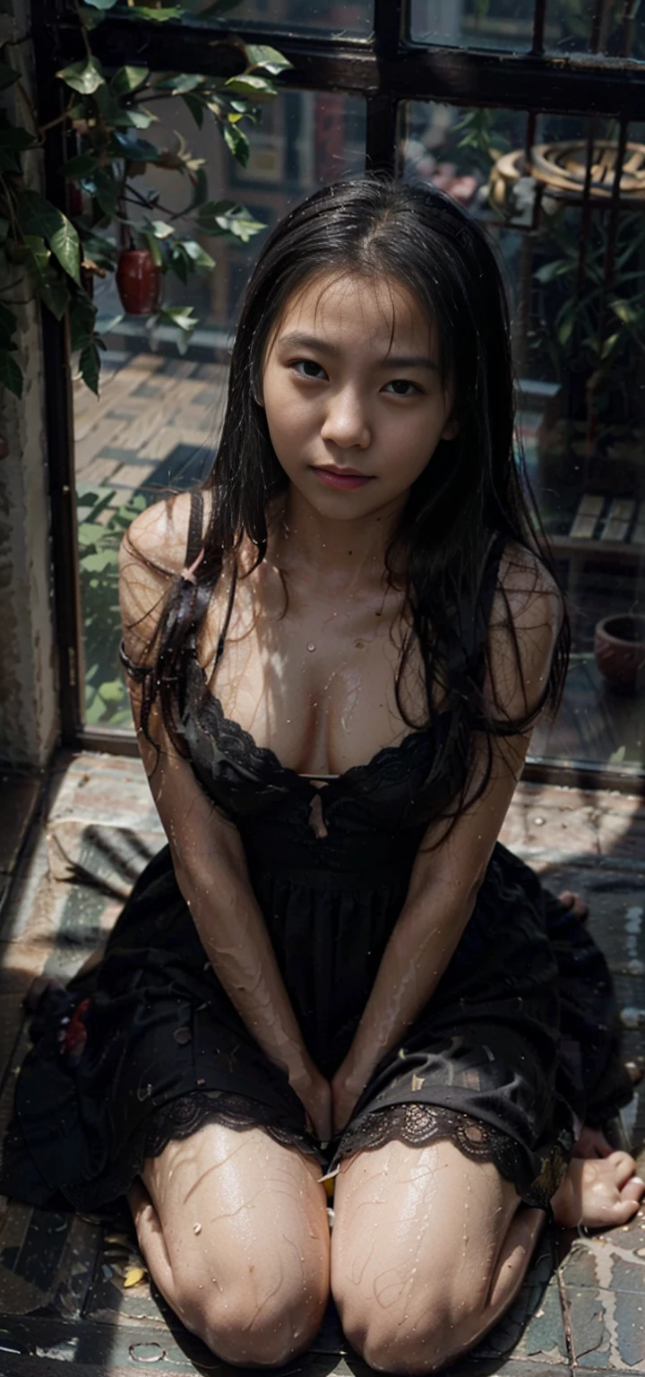 (From a straight above, bird's-eye perspective), 1girl, Realistic Chinese pretty teenage girl,12-years old, black colour silk lace nightdress, erotic, small breast,greasy, knelt on the floor, eye gazing up to the camera, with sweat on body, sweat on breasts,wet body,wet chest,wet breasts, waiting for punishment, from above, beside the window