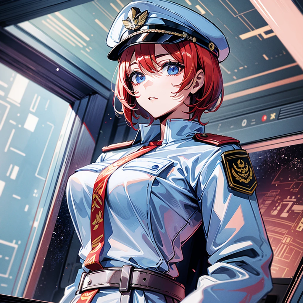 (((masterpiece)))、(((Top image quality)))、(((top-quality)))、(((highly detailed unity 8kwall-paper)))、(Illustration of one woman)、30-years old、(Viceroy)、((Red-haired shorthair))、(Thin hair hanging down both sides of the face)、Blue eyes、((Tall))、((Muscle Woman、stocky build、muscular legs、broad shoulders、solid chest))、((Military uniforms))、((Military Cap))、((Military coat))、(white clothes)、(White pants)、(White cap)、trench coat、((Inside the spaceship))、(The universe outside the window、Earth seen from space)