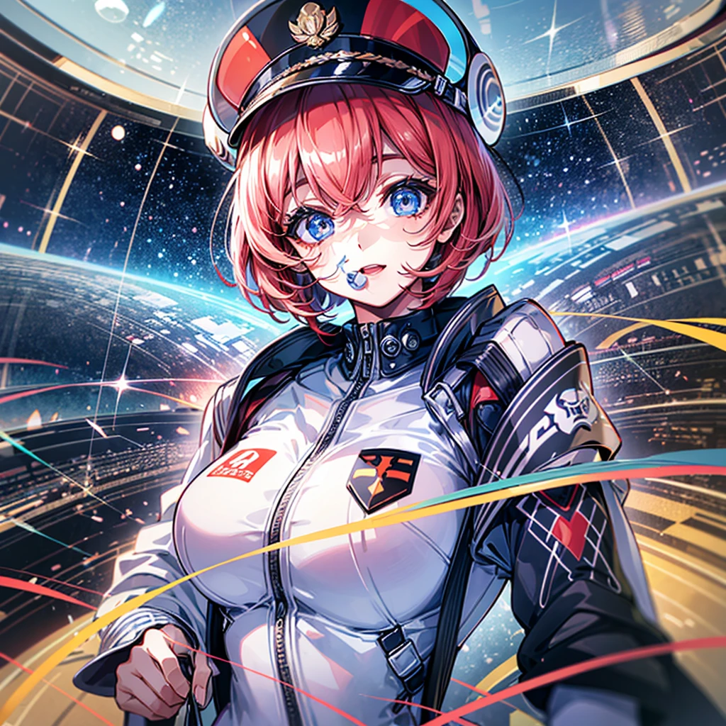 （（（​masterpiece）））、（（（Top image quality）））、（（（top-quality）））、（（（highly detailed unity 8ｋwall-paper）））、（Illustration of one woman）、30-years old、（Viceroy）、（（Red-haired shorthair））、（Thin hair hanging down both sides of the face）、Blue eyes、（（Tall））、（（Muscle Woman、stocky build、muscular legs、broad shoulders、solid chest））、（（Military uniforms））、（（Military Cap））、（（Military coat））、（white  clothes）、（White pants）、（White cap）、trench coat、（（Inside the spaceship））、（The universe outside the window、Earth seen from space）
