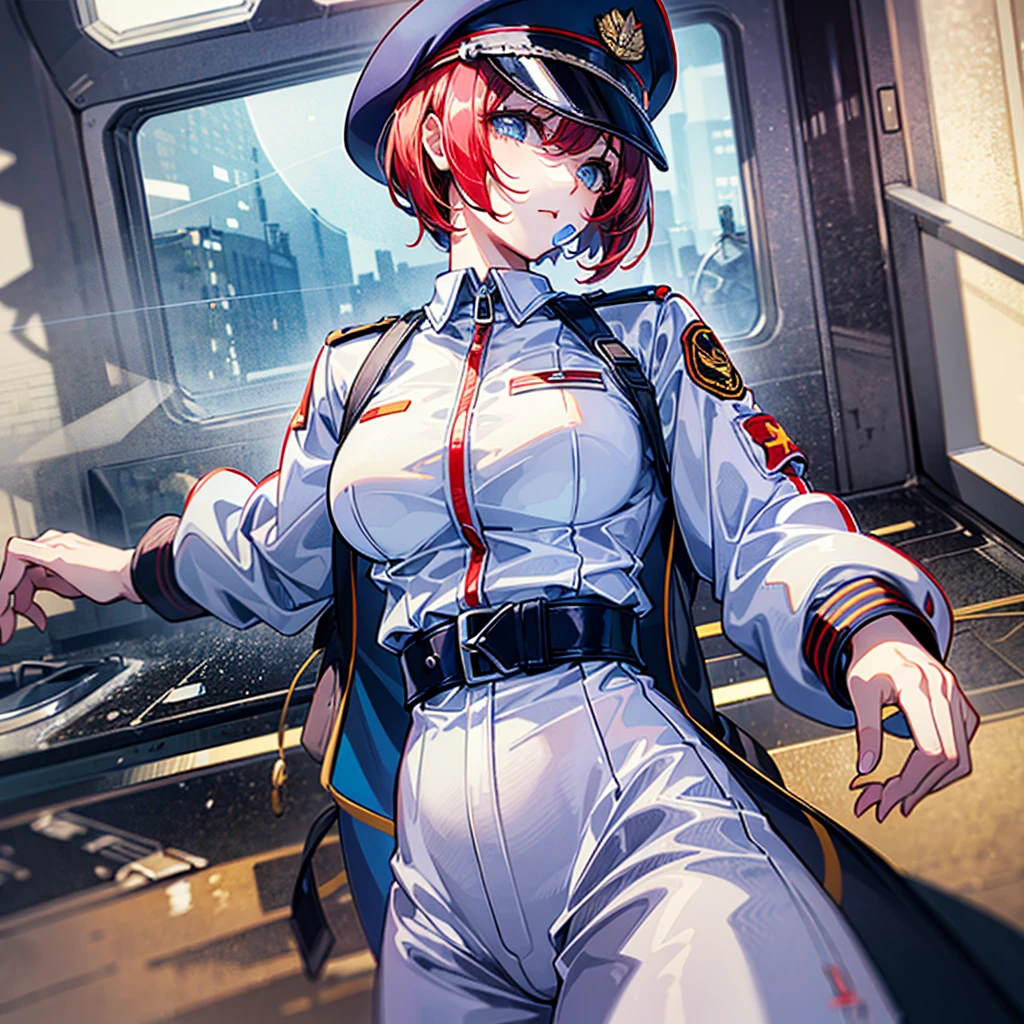 （（（​masterpiece）））、（（（Top image quality）））、（（（top-quality）））、（（（highly detailed unity 8ｋwall-paper）））、（Illustration of one woman）、30-years old、（Viceroy）、（（Red-haired shorthair））、（Thin hair hanging down both sides of the face）、Blue eyes、（（Tall））、（（Muscle Woman、stocky build、muscular legs、broad shoulders、solid chest））、（（Military uniforms））、（（Military Cap））、（（Military coat））、（white  clothes）、（White pants）、（White cap）、trench coat、（（Inside the spaceship））、（The universe outside the window、Earth seen from space）