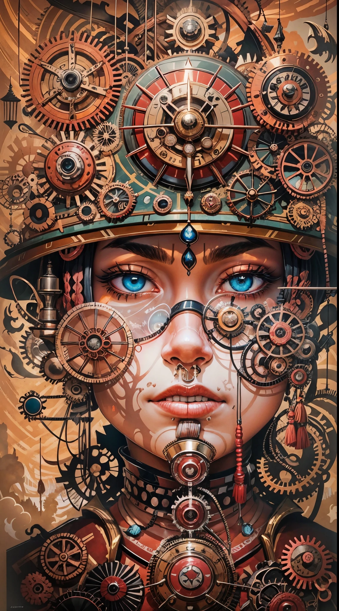 Explosive, otherworldly painting of a shape-shifting deity adorned with steampunk motifs and omnipresent, piercing eyes, a breathtaking amalgamation of fine art and captivating photo collage, mesmerizing poster design:: their appearance exuded the enigmatic allure of steampunk minimalism fused with cosmic chaos:: --ar 9:16 --s 963 --c 9 --q 2 --v 5